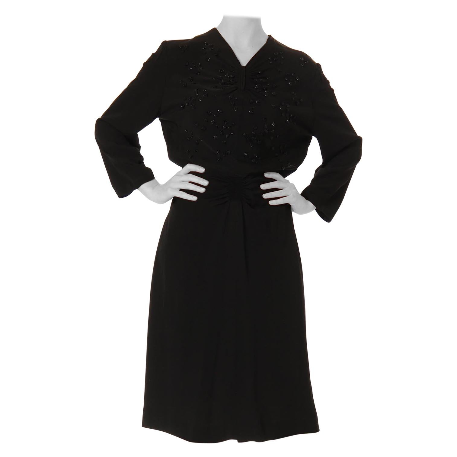 1940S Black Silk Faille Long Sleeve Polka Dot Beaded Cocktail Dress Gathered On For Sale