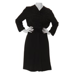 1940S Black Silk Faille Long Sleeve Polka Dot Beaded Cocktail Dress Gathered On