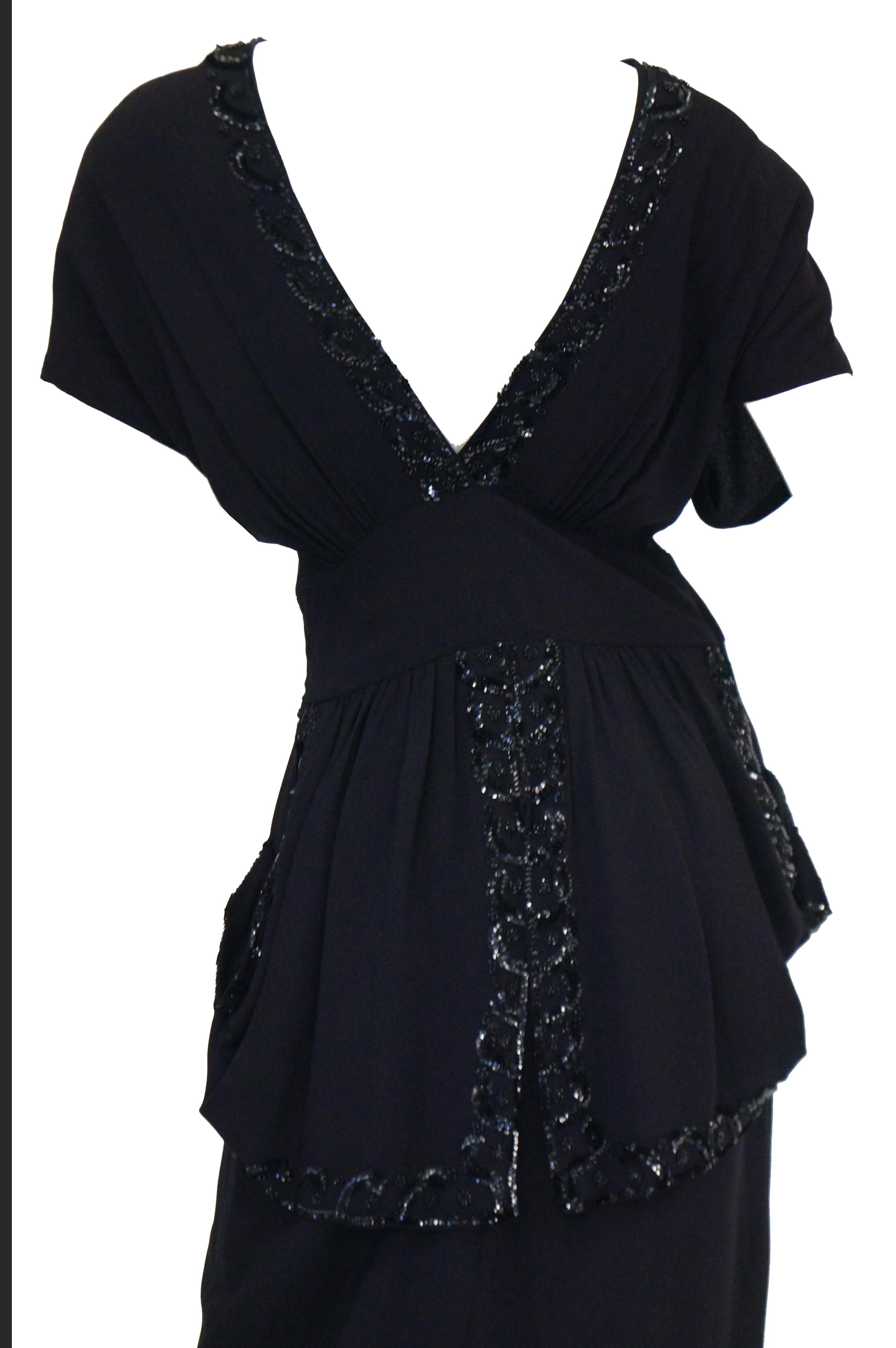 1930s Black Bias Crepe Silk Dress w/ Bead, Sequin, Bustle, & Keyhole Neckline 4