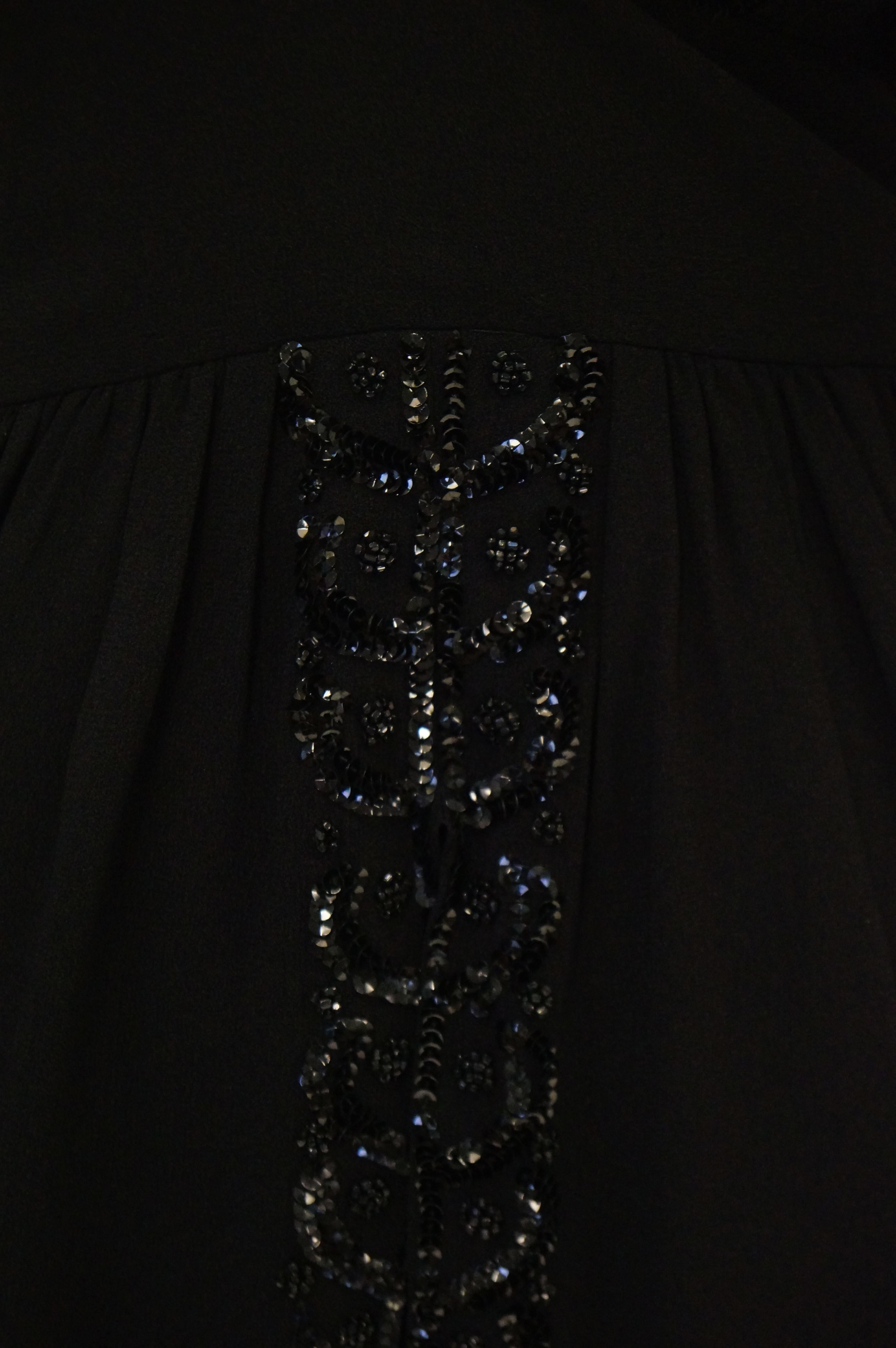 1930s Black Bias Crepe Silk Dress w/ Bead, Sequin, Bustle, & Keyhole Neckline 5