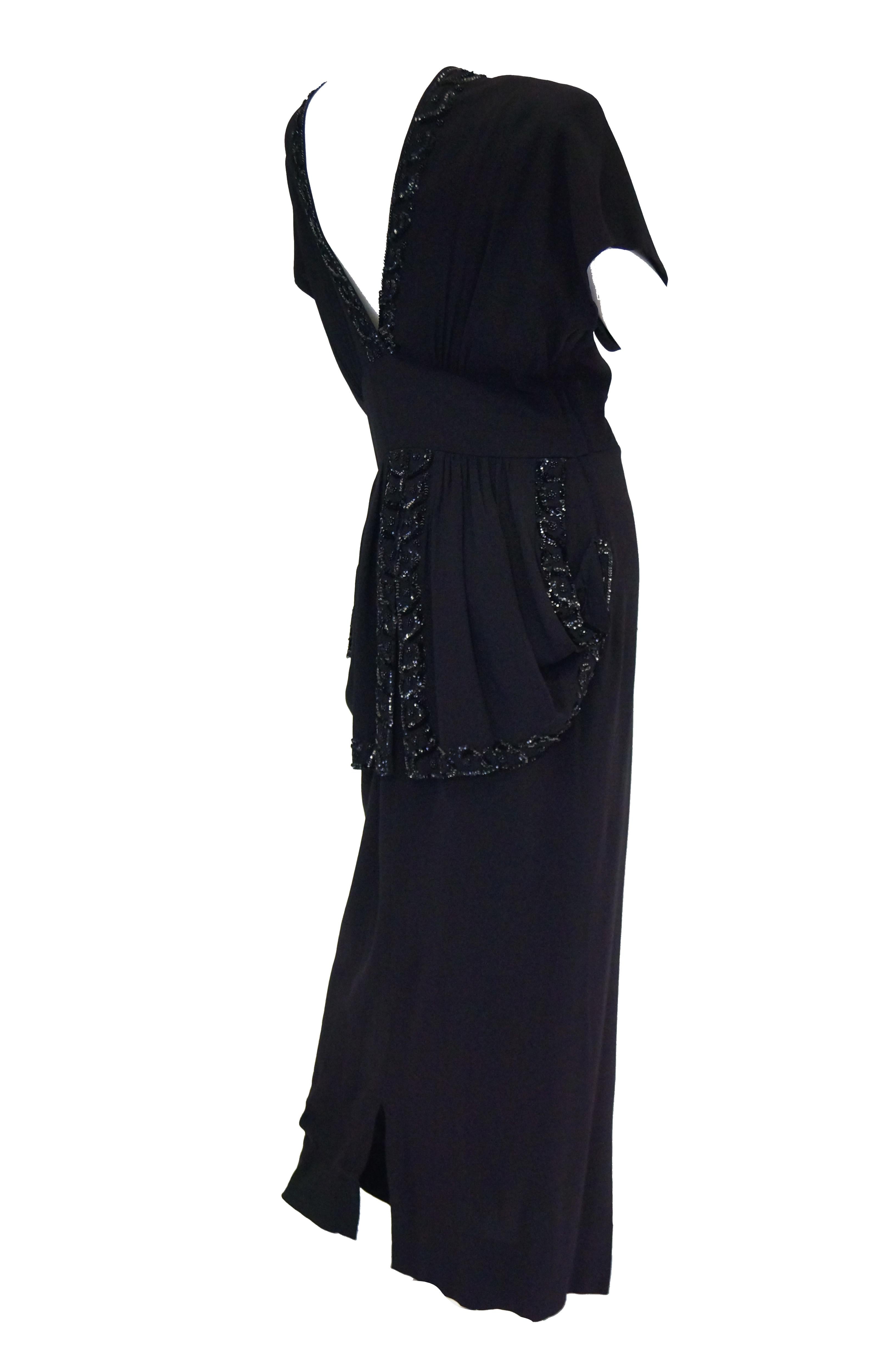 1930s Black Bias Crepe Silk Dress w/ Bead, Sequin, Bustle, & Keyhole Neckline 6