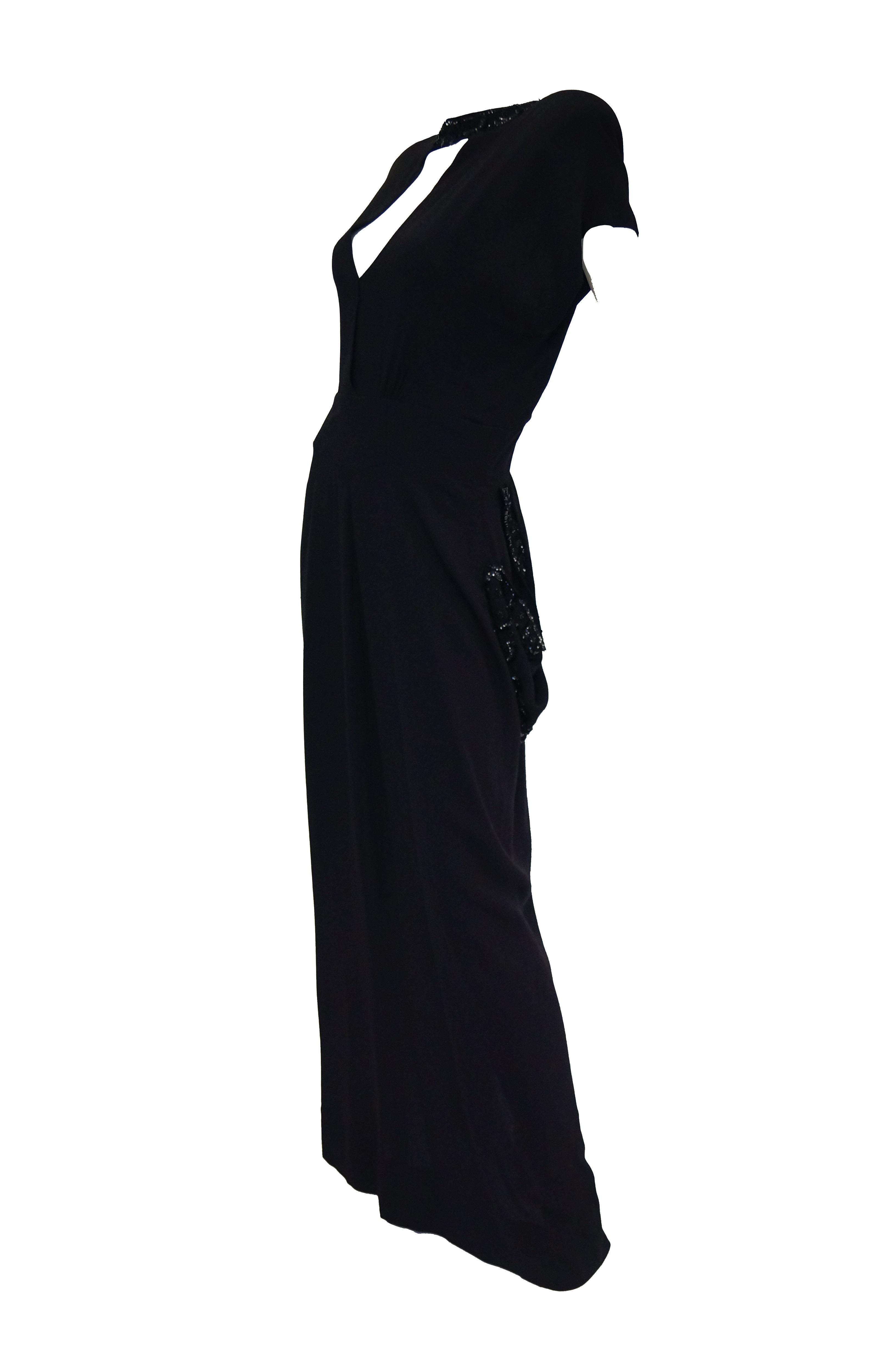 1930s Black Bias Crepe Silk Dress w/ Bead, Sequin, Bustle, & Keyhole Neckline In Good Condition In Houston, TX
