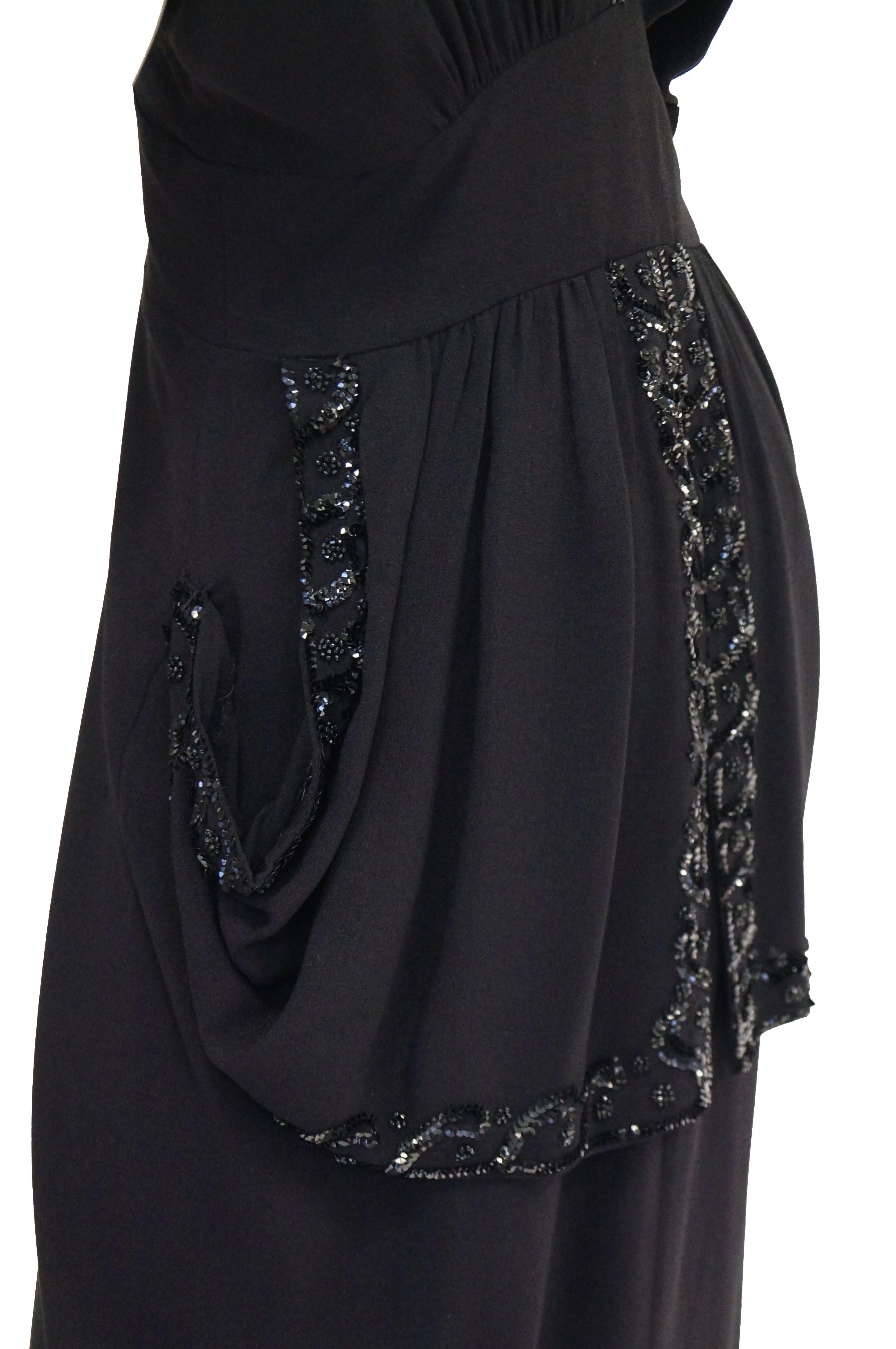 Women's 1930s Black Bias Crepe Silk Dress w/ Bead, Sequin, Bustle, & Keyhole Neckline