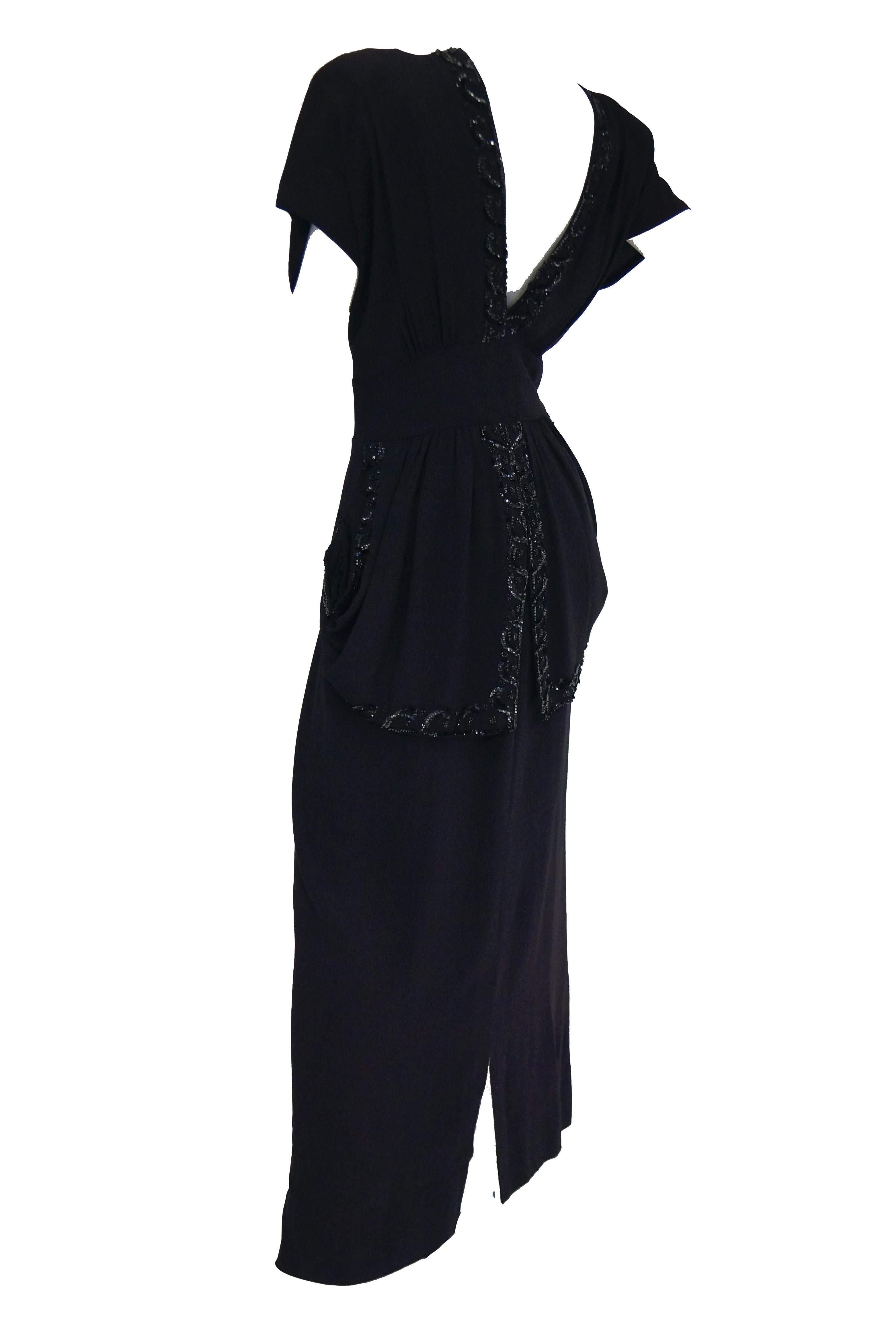 1930s Black Bias Crepe Silk Dress w/ Bead, Sequin, Bustle, & Keyhole Neckline 1