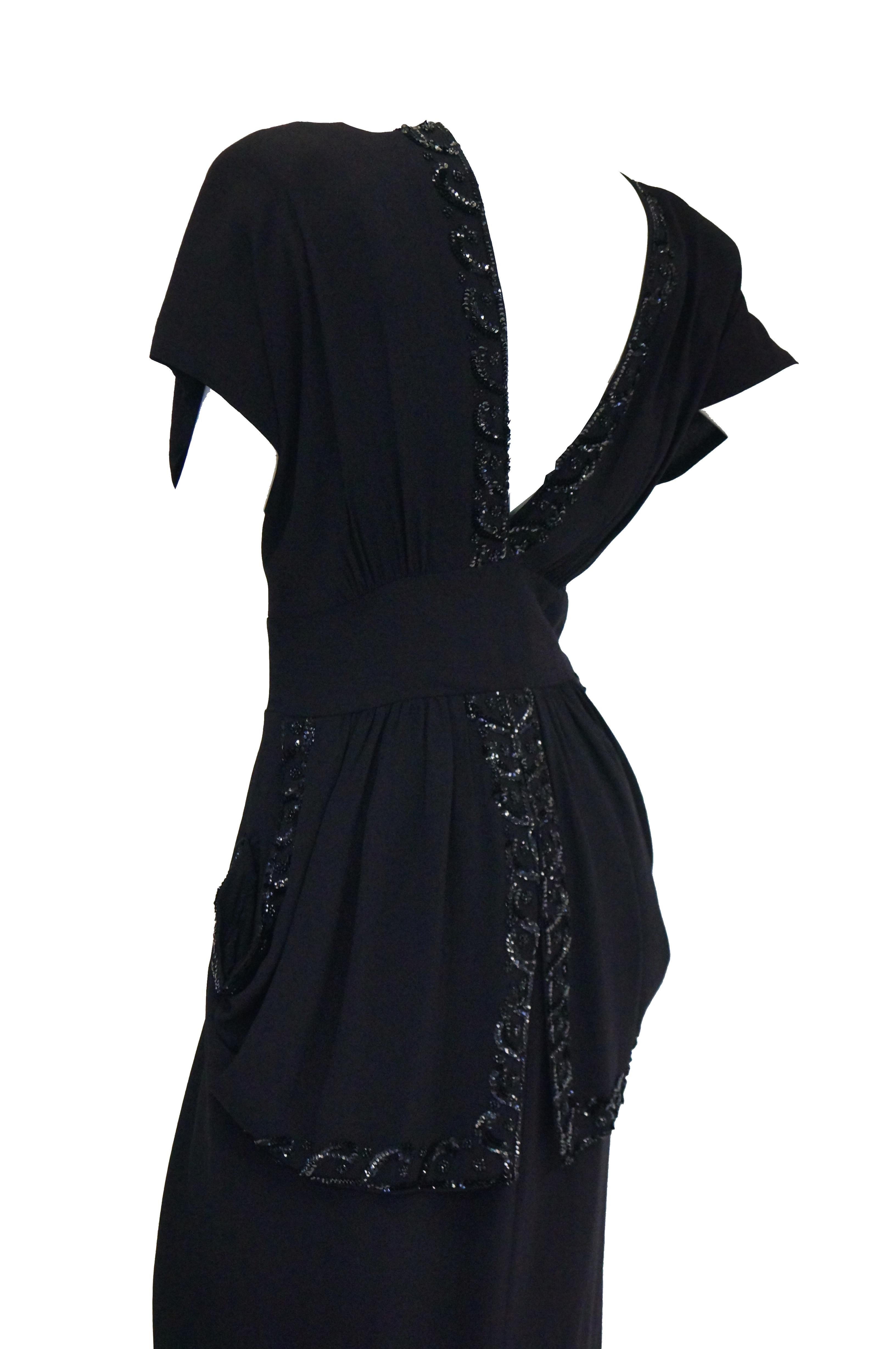 1930s Black Bias Crepe Silk Dress w/ Bead, Sequin, Bustle, & Keyhole Neckline 2