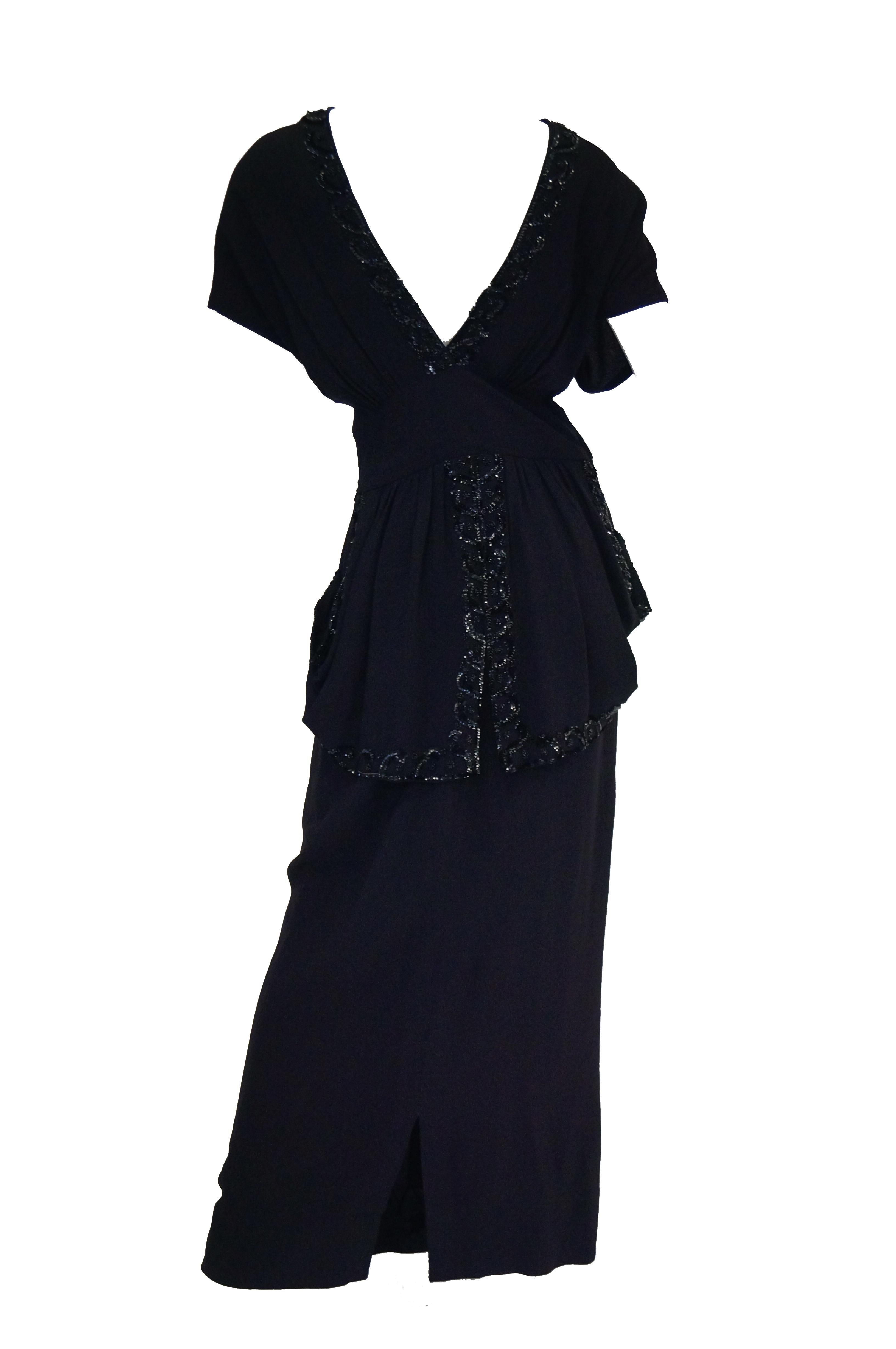 1930s Black Bias Crepe Silk Dress w/ Bead, Sequin, Bustle, & Keyhole Neckline 3