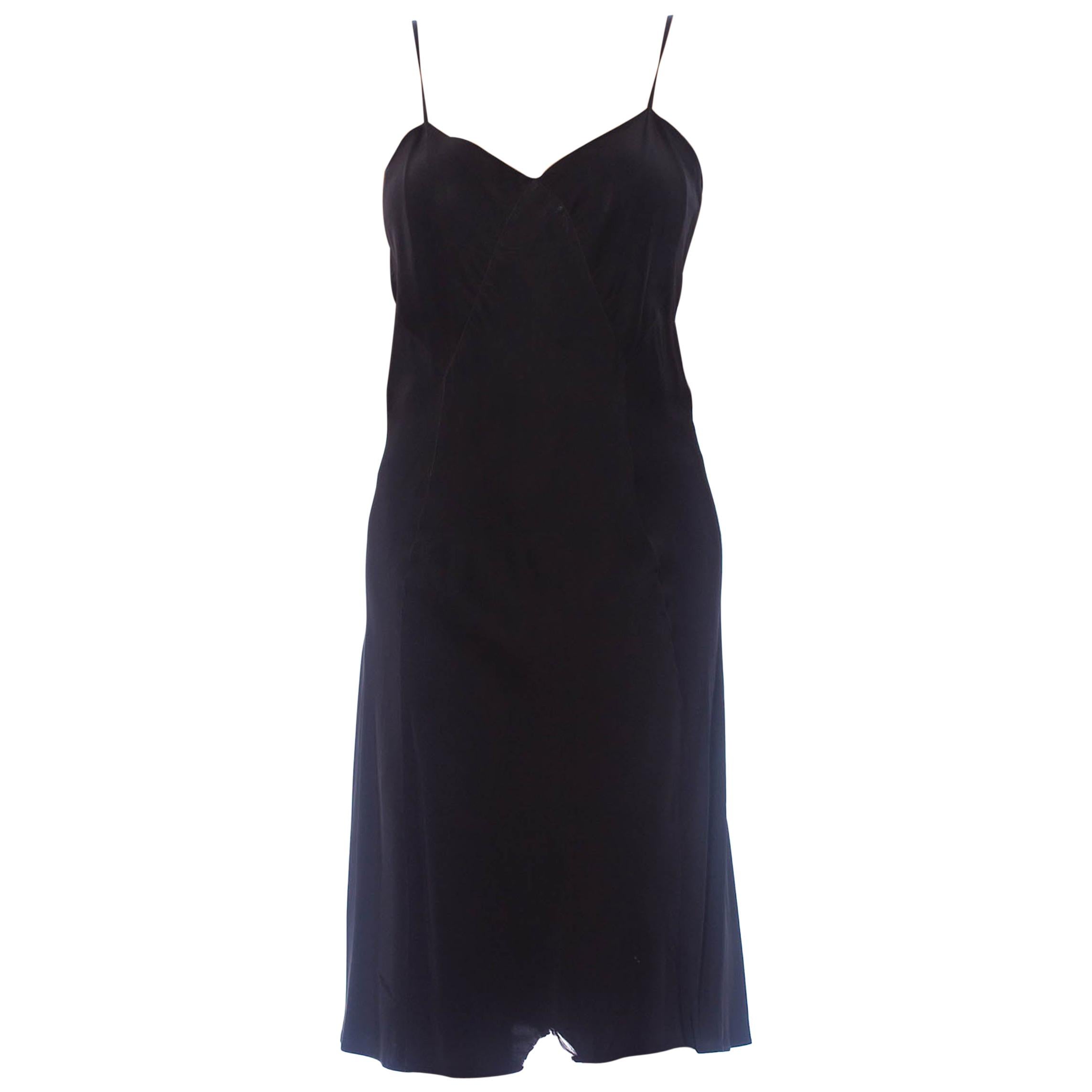 1930S Black Bias Cut Rayon Rare Minimal Slip Dress No Side Seams