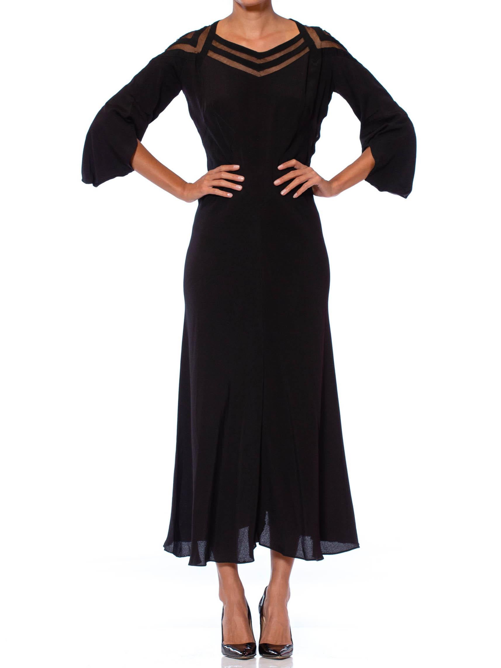 1930S  Black Bias Cut Silk Crepe Art Deco Sheer Net Shoulders & Unique 3/4 Length Sleeve Dress With Genius Pattern Making
