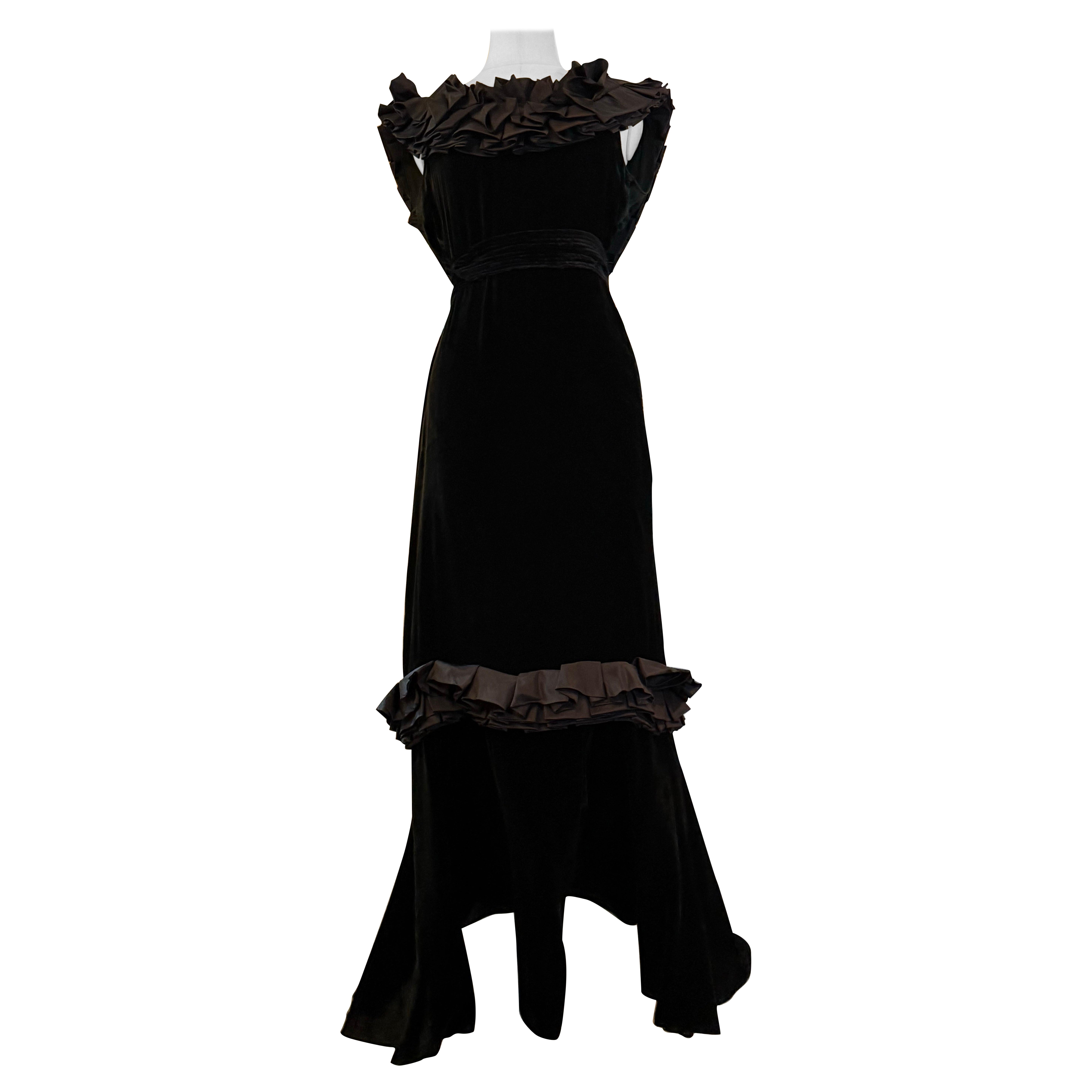 1930s Black Bias-Cut Silk Velvet Gown w Pleated Ruffled Neckline
Low Back