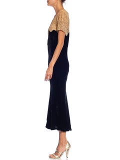1930S Black Bias Cut Silk Velvet & Lace Evening Dress