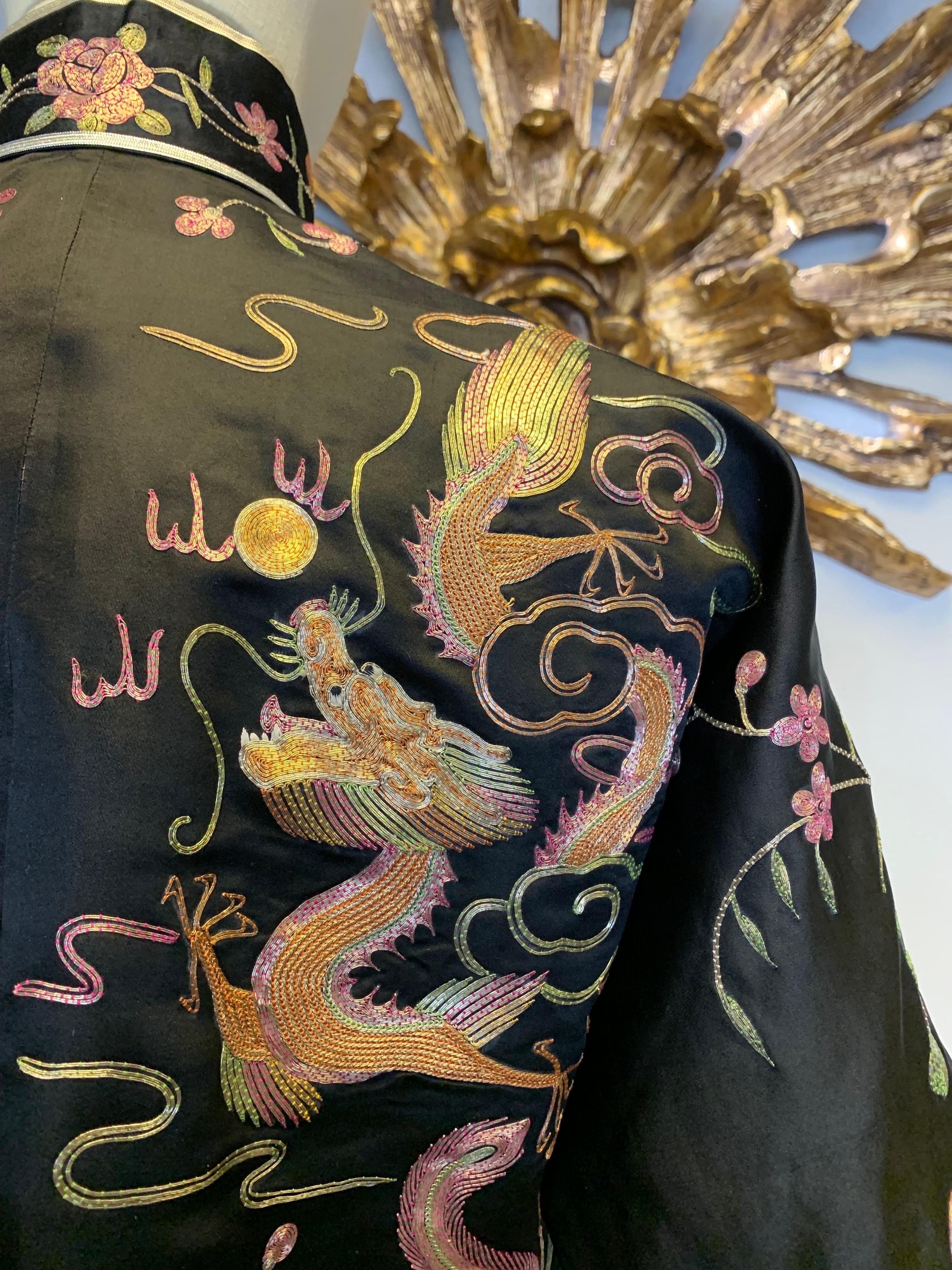 1930s Black Chinese Silk Jacket w Metallic Foil Embroidered Phoenix Birds 6