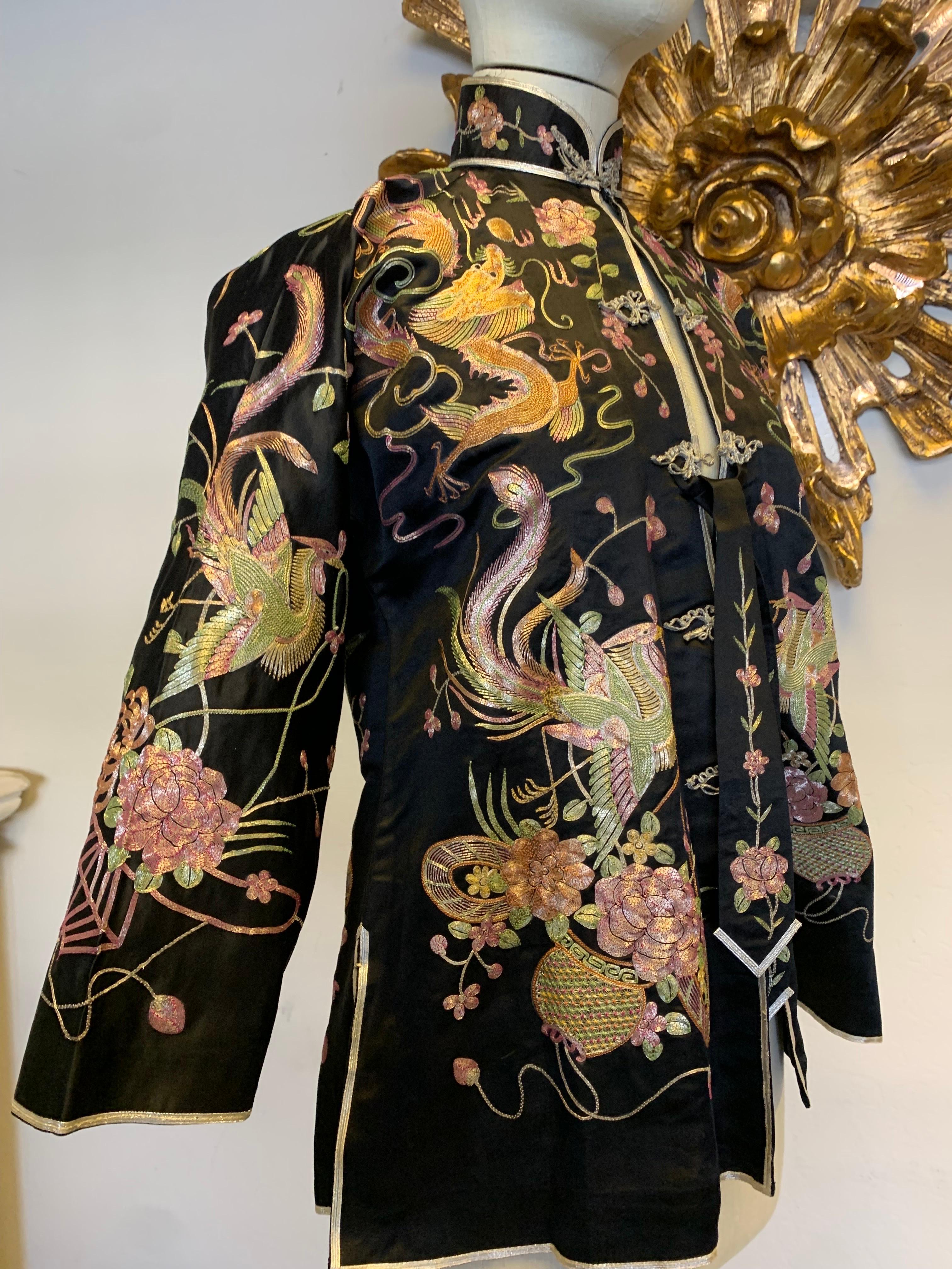1930s Black Chinese Silk Jacket w Metallic Foil Embroidered Phoenix Birds 7