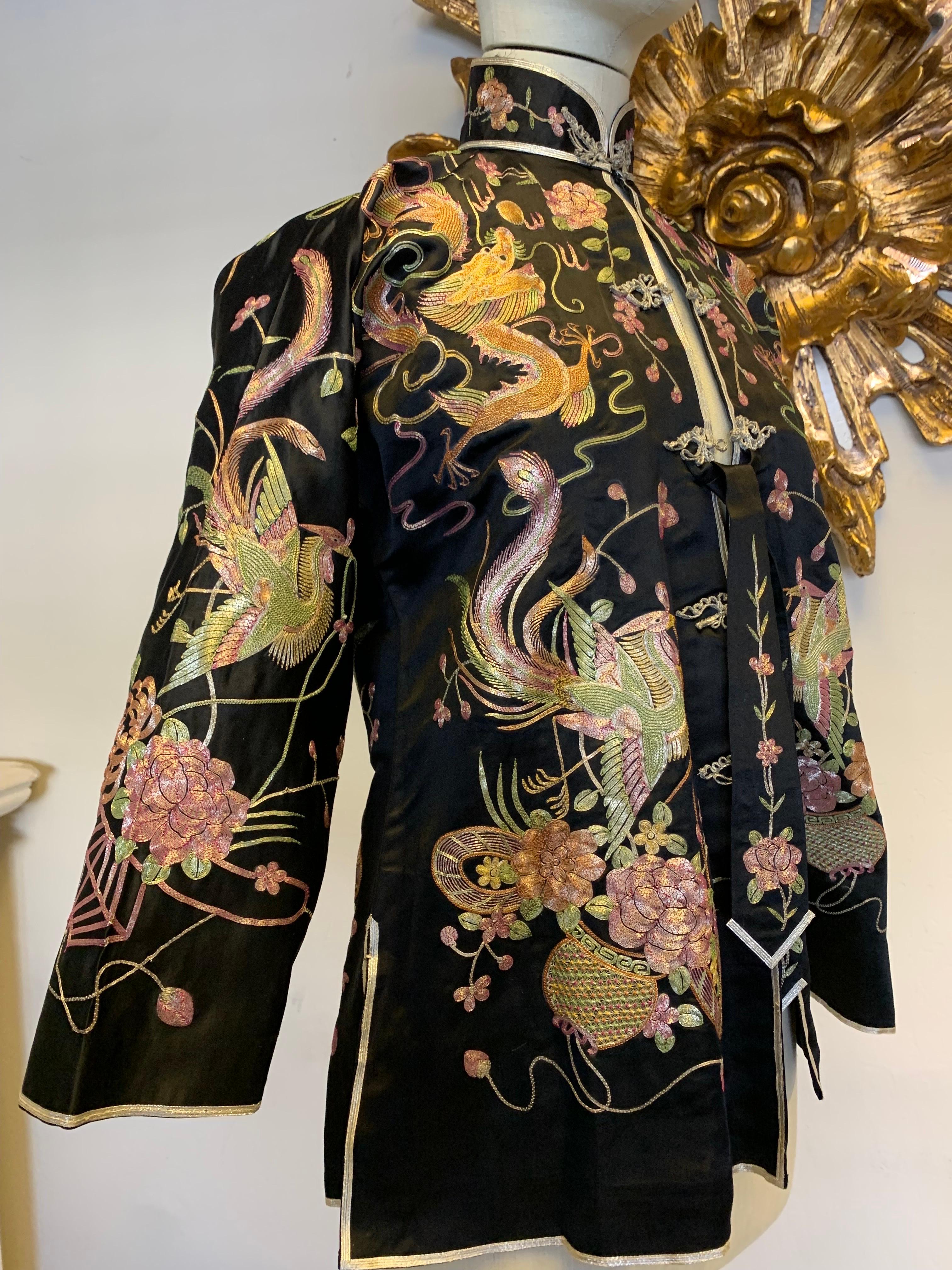 1930s Black Chinese Silk Jacket w Metallic Foil Embroidered Phoenix Birds 8