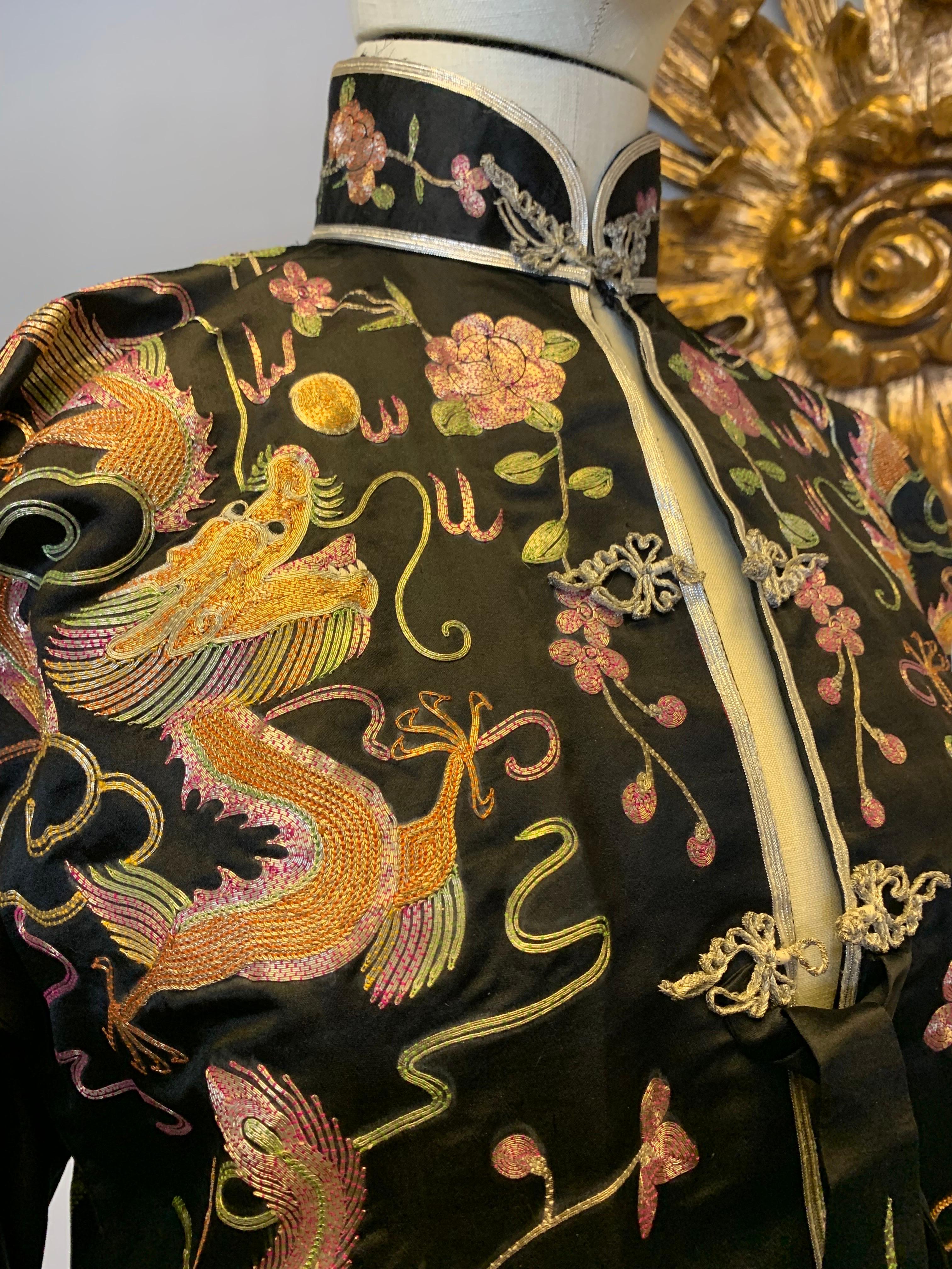 1930s Black Chinese Silk Jacket w Metallic Foil Embroidered Phoenix Birds 9