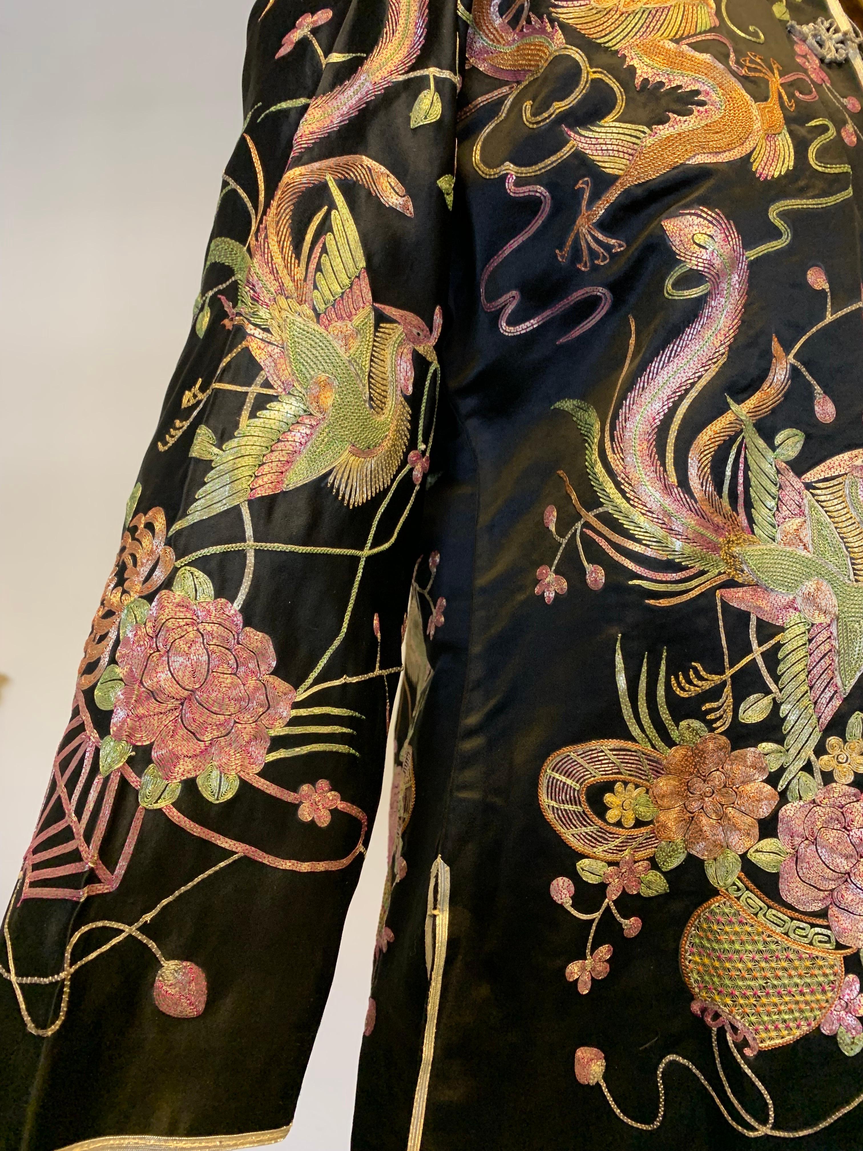 1930s Black Chinese Silk Jacket w Metallic Foil Embroidered Phoenix Birds 10