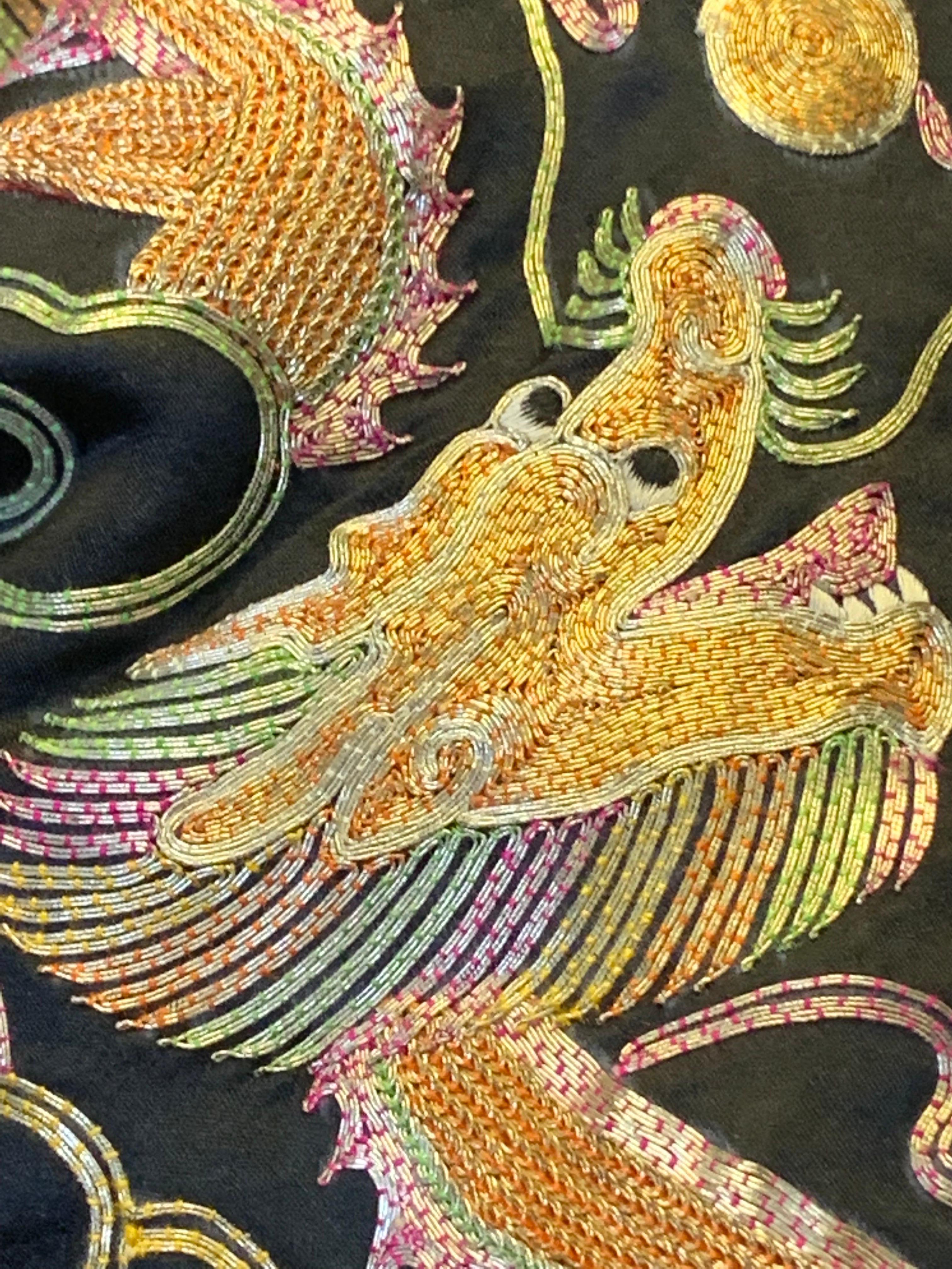 1930s Black Chinese Silk Jacket w Metallic Foil Embroidered Phoenix Birds 11