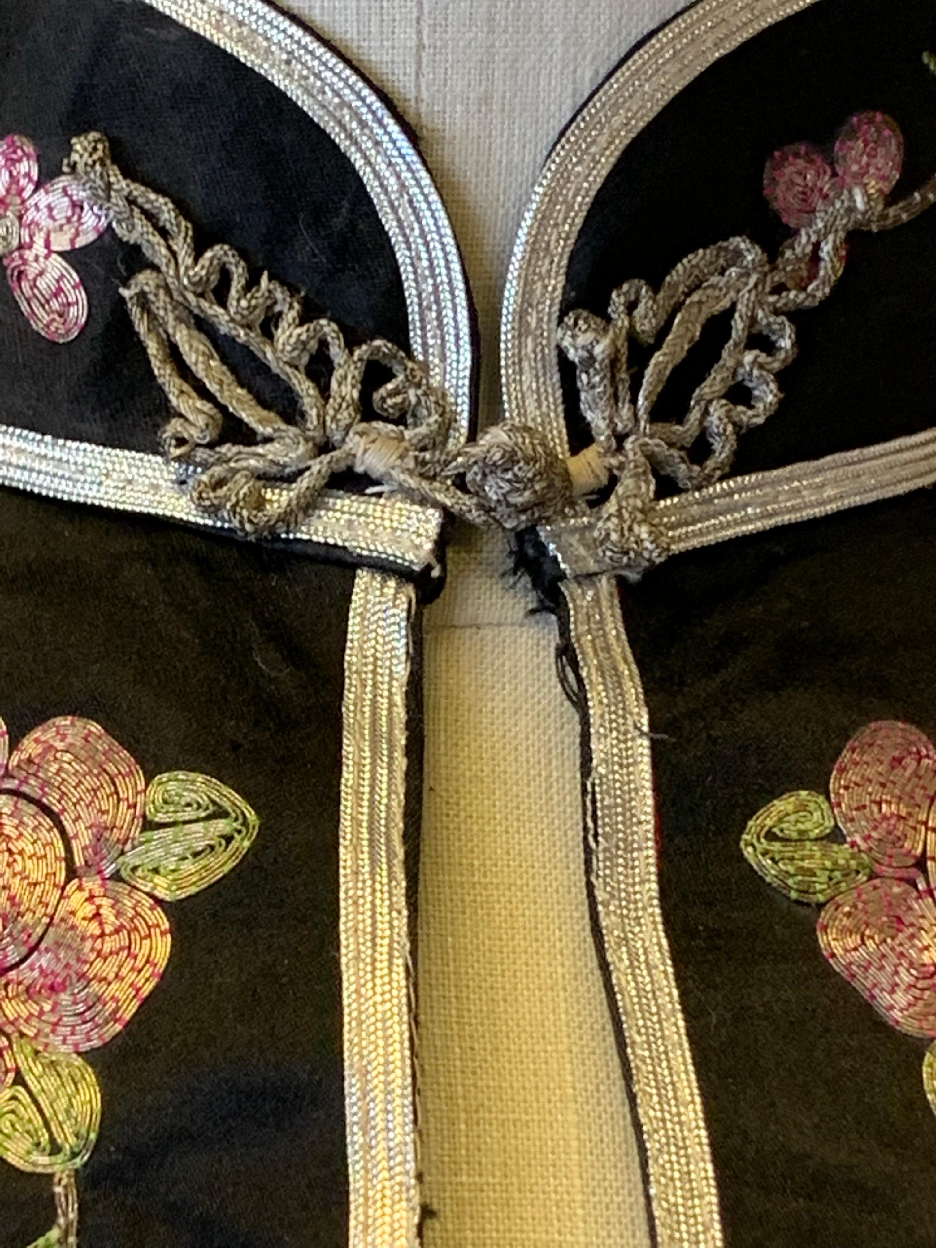 1930s Black Chinese Silk Jacket w Metallic Foil Embroidered Phoenix Birds 15