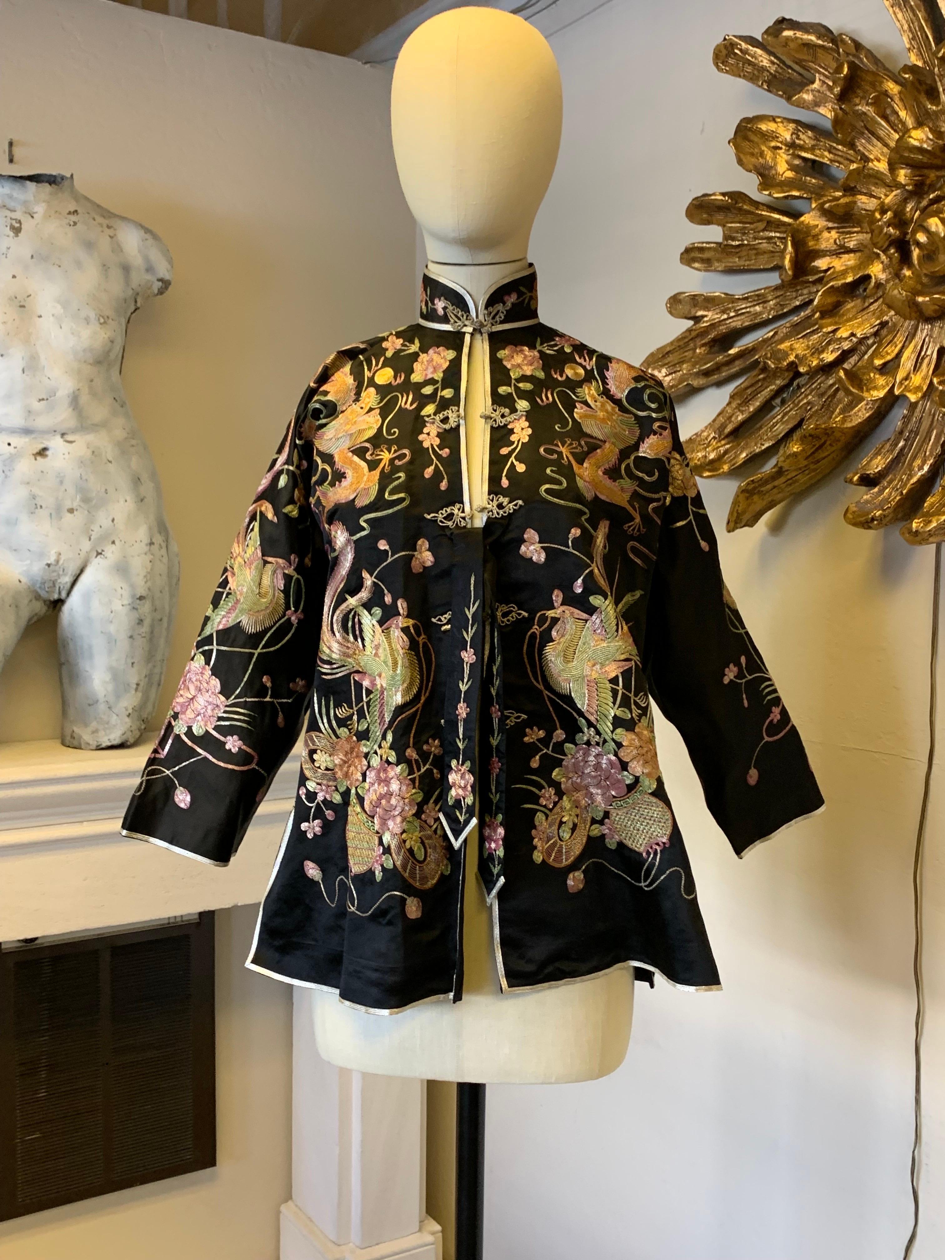1930s Black Chinese Silk Jacket w Metallic Foil Embroidered Phoenix Birds 16