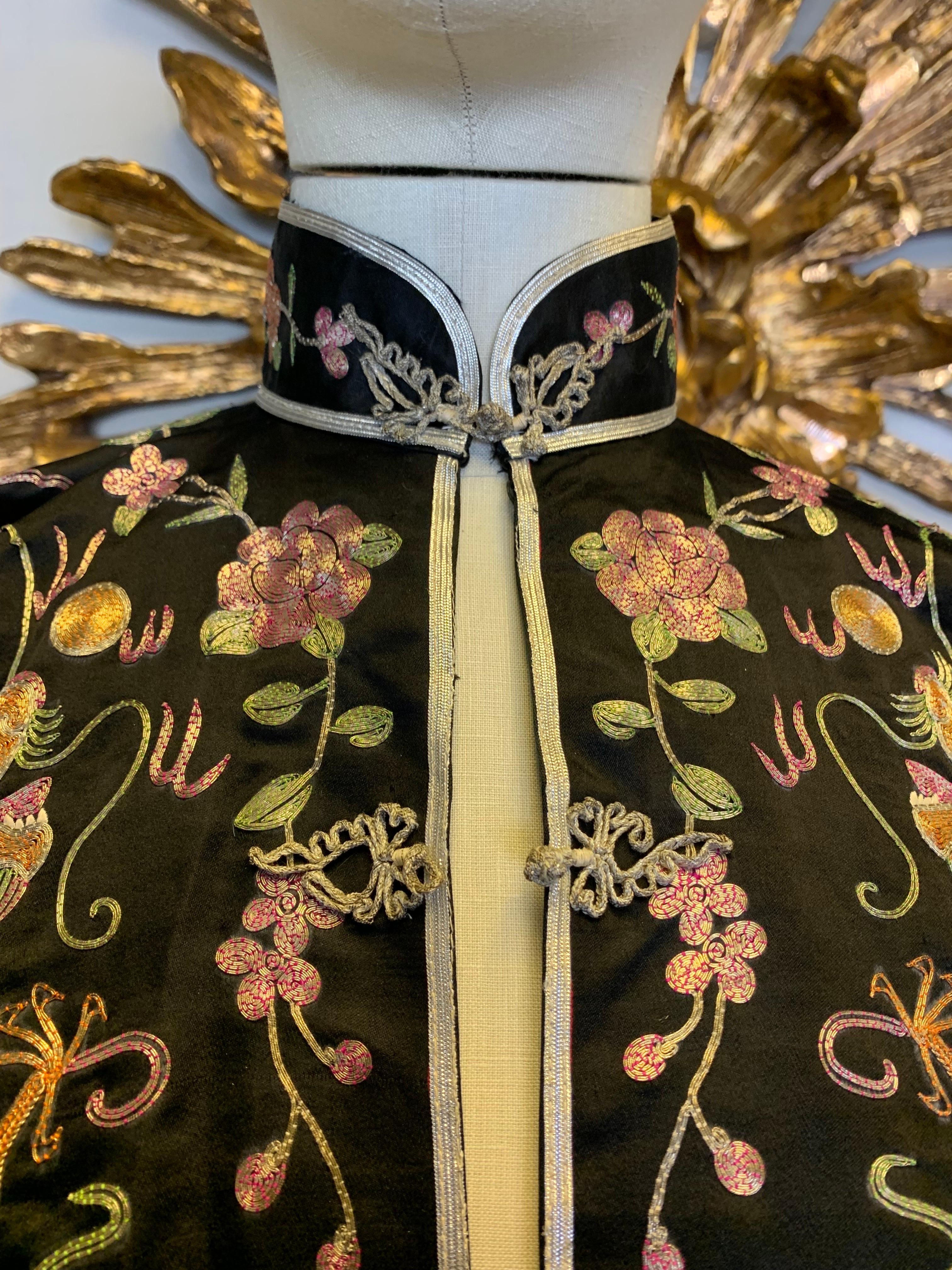 Women's 1930s Black Chinese Silk Jacket w Metallic Foil Embroidered Phoenix Birds