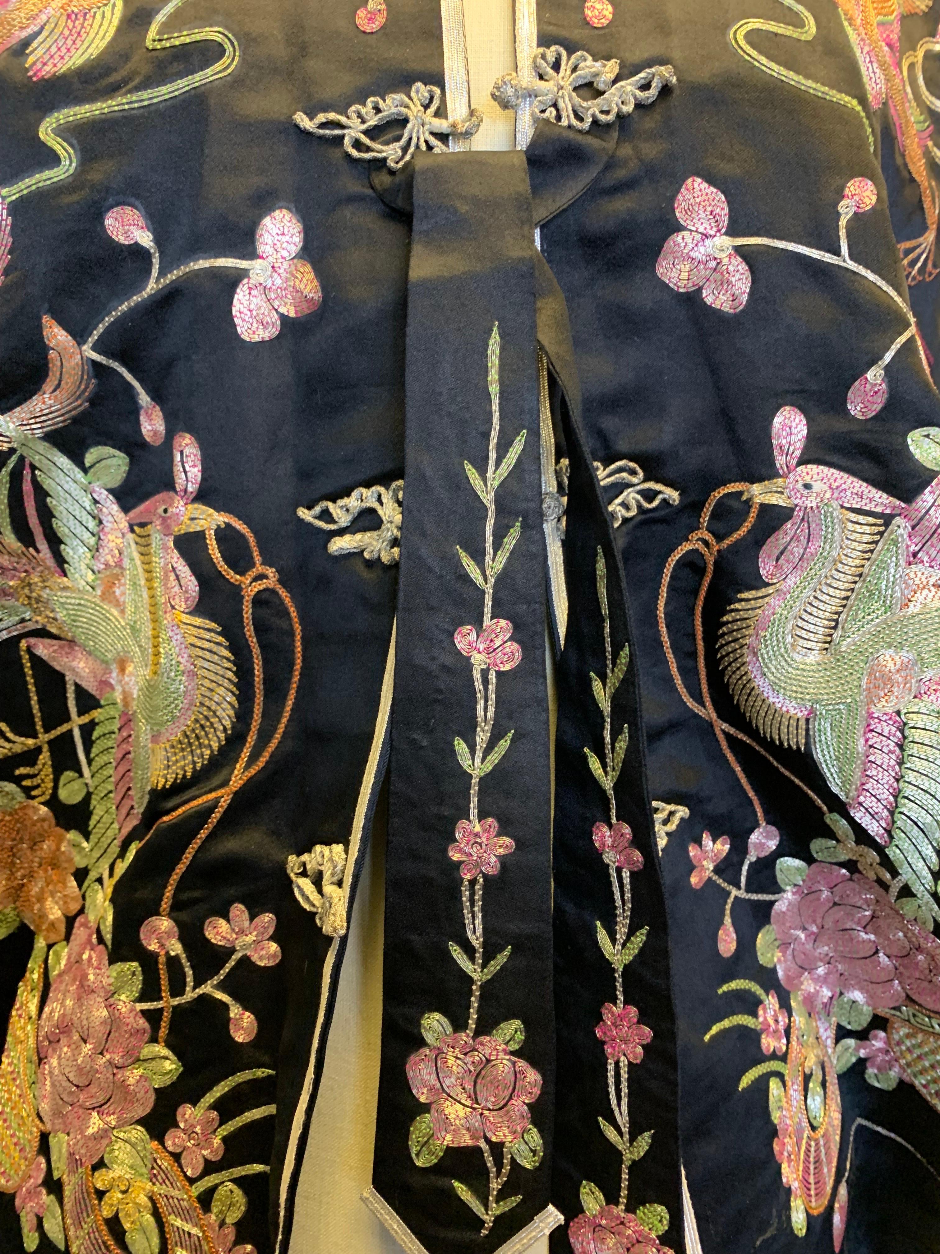 1930s Black Chinese Silk Jacket w Metallic Foil Embroidered Phoenix Birds 1