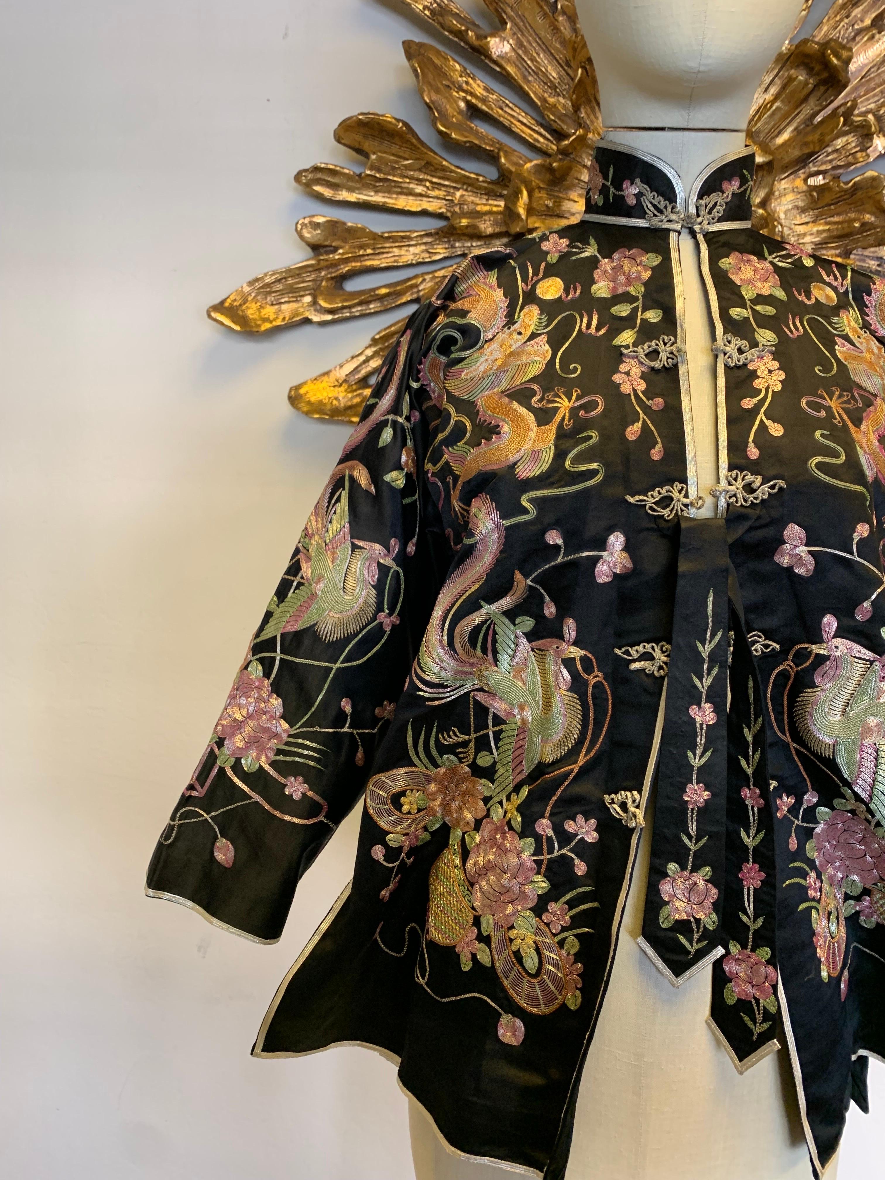 1930s Black Chinese Silk Jacket w Metallic Foil Embroidered Phoenix Birds 2