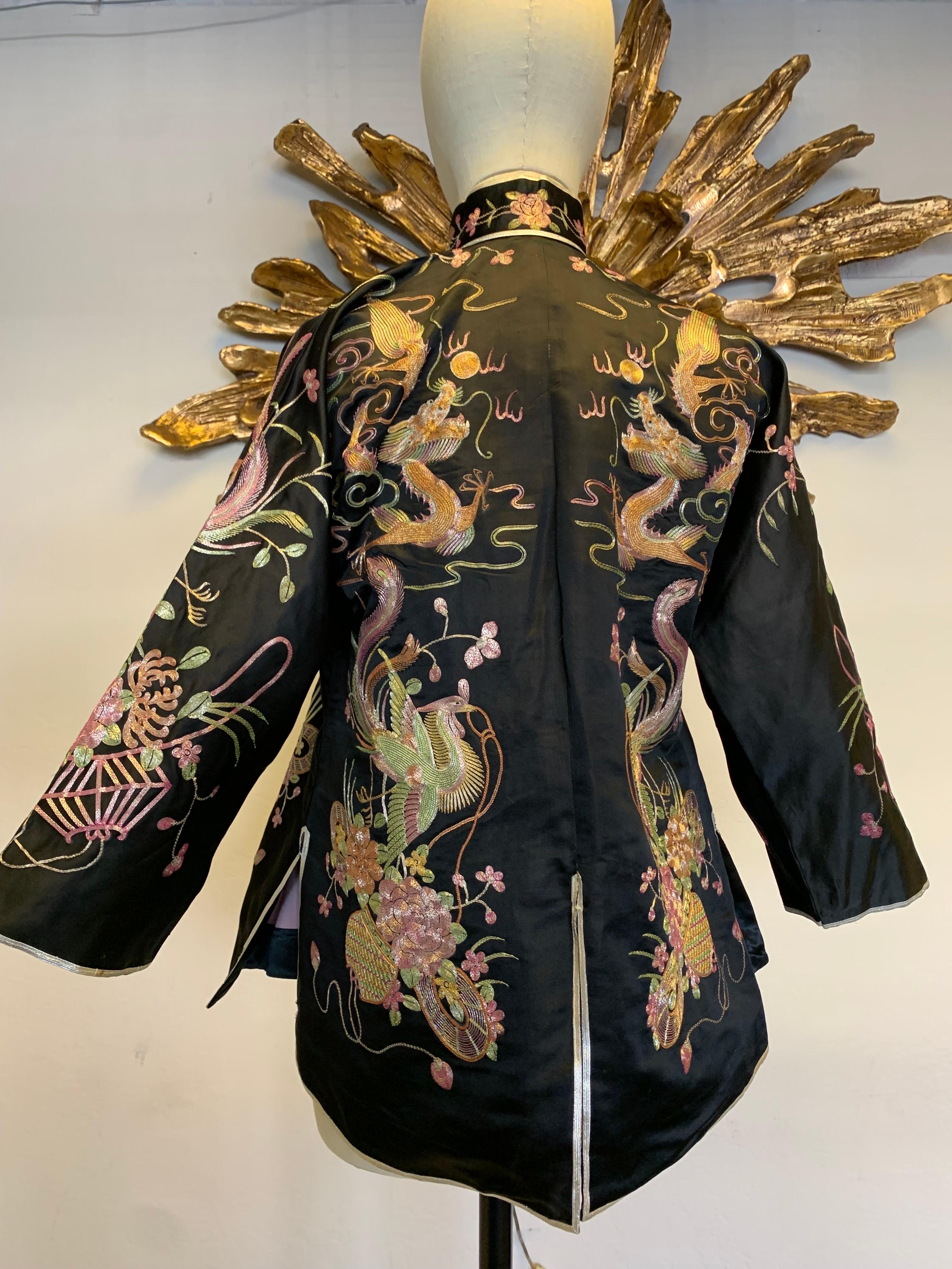 1930s Black Chinese Silk Jacket w Metallic Foil Embroidered Phoenix Birds 3