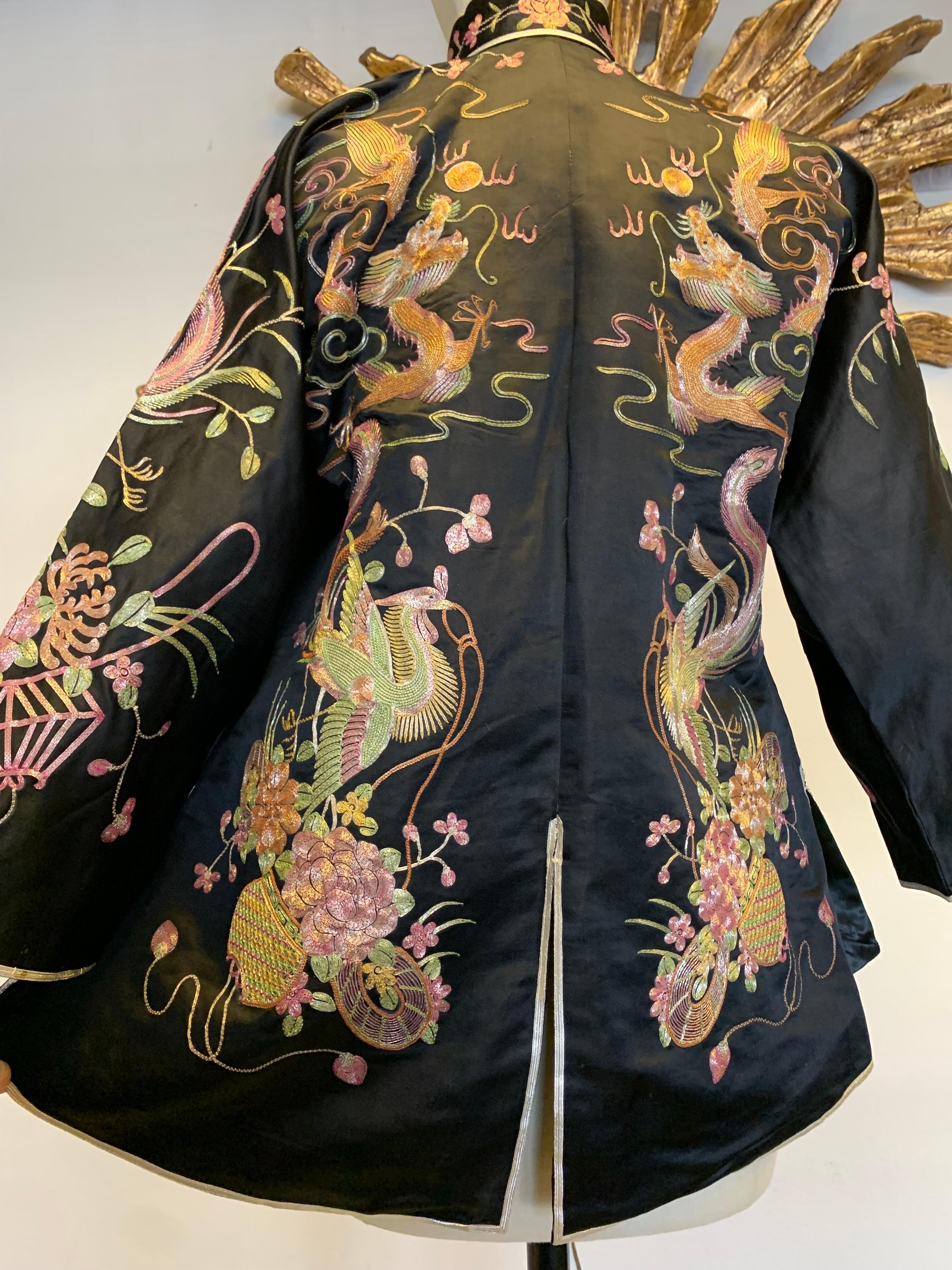 1930s Black Chinese Silk Jacket w Metallic Foil Embroidered Phoenix Birds 4