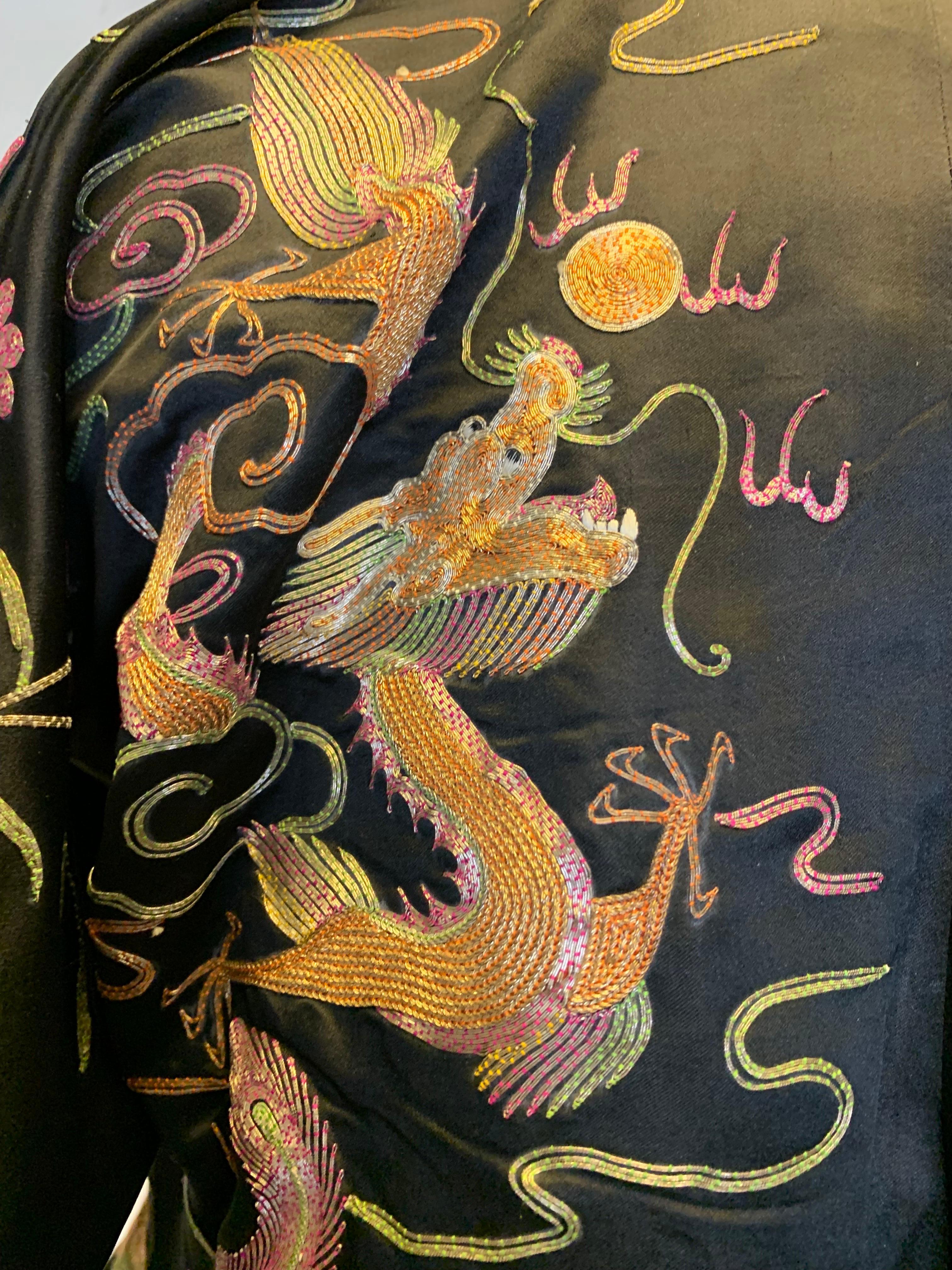 1930s Black Chinese Silk Jacket w Metallic Foil Embroidered Phoenix Birds 5