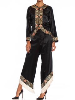 1930S Black Chinese Silk Satin Cocktail Lounging Pajamas With Metallic Hand Embr