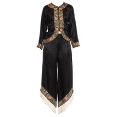 1930S Black Chinese Silk Satin Cocktail Lounging Pajamas With Metallic Hand Embr