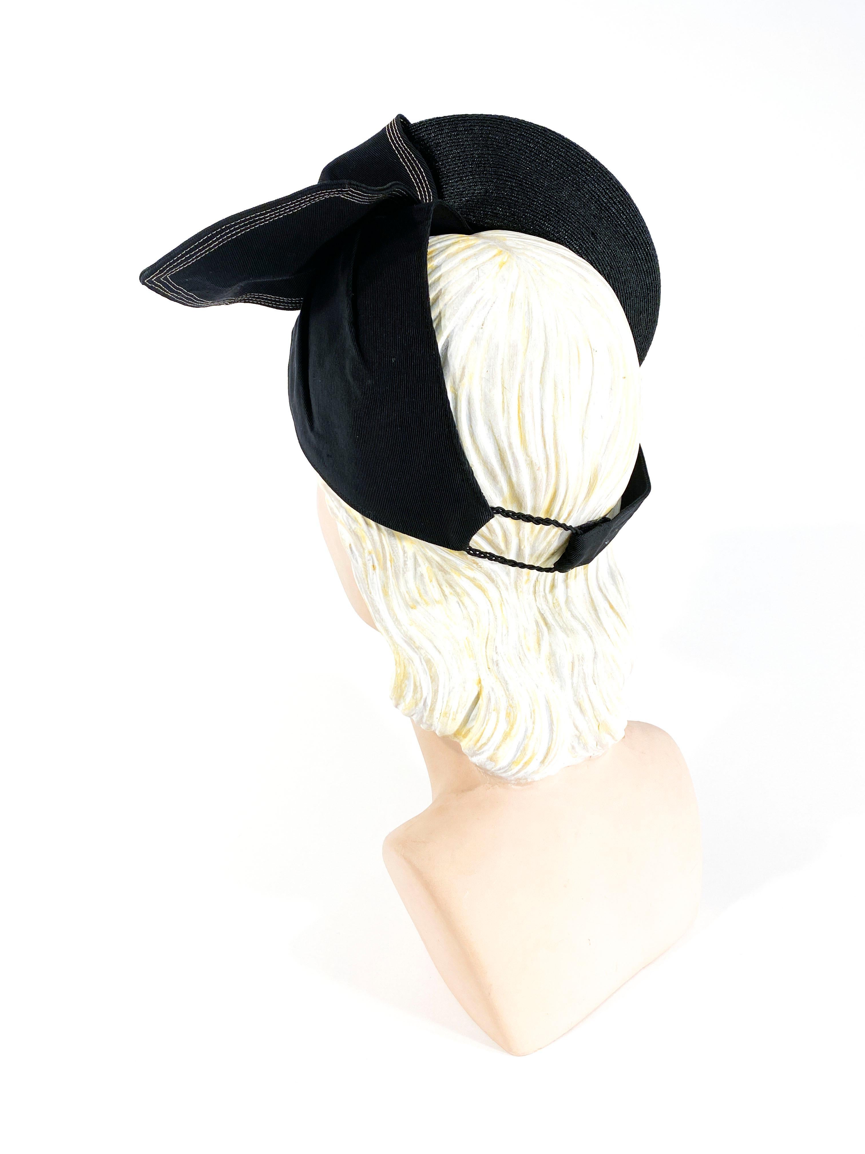 1930s Black Coated Straw Perch Hat with Nautical Theme In Good Condition In San Francisco, CA