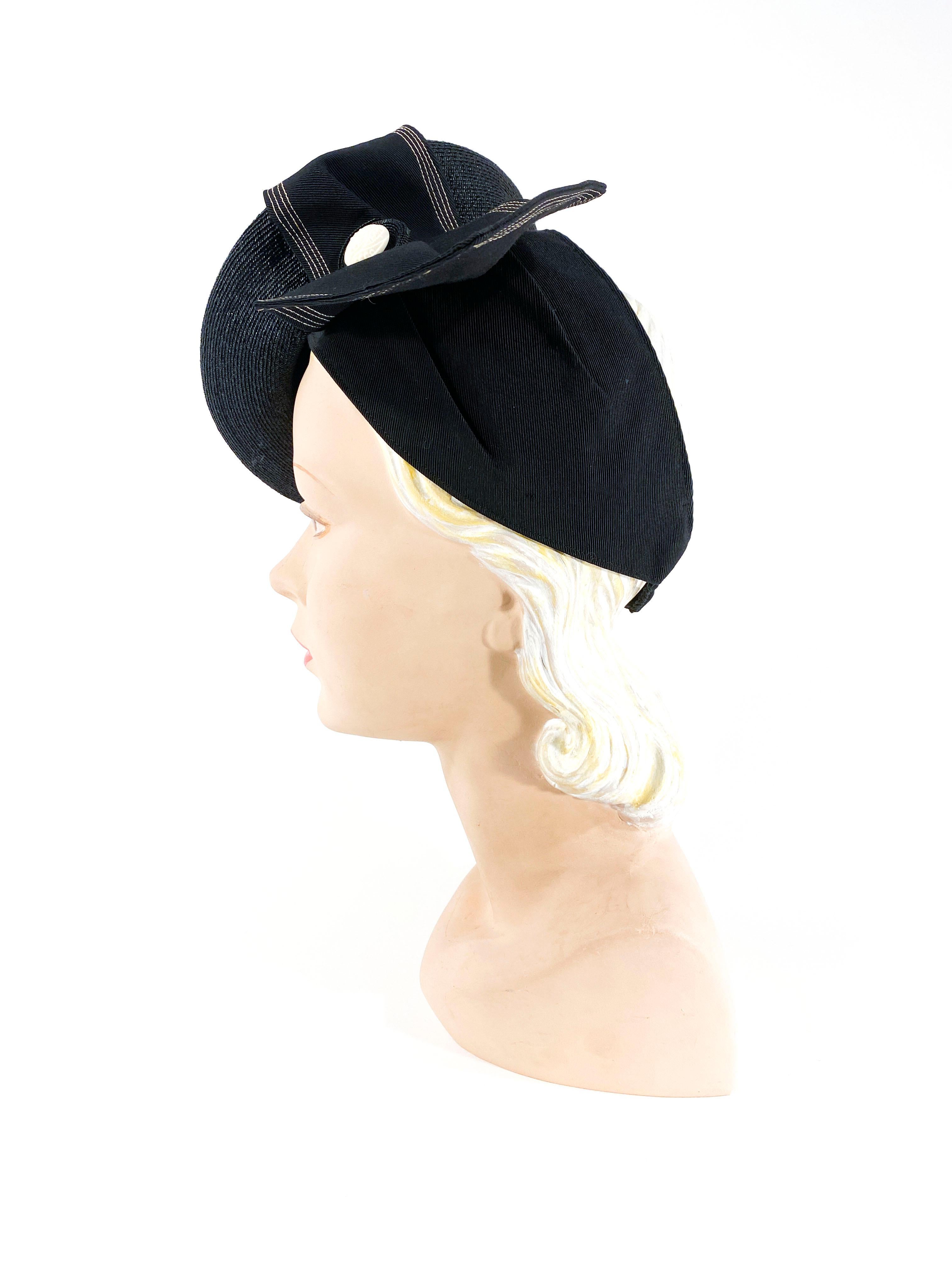 Women's or Men's 1930s Black Coated Straw Perch Hat with Nautical Theme