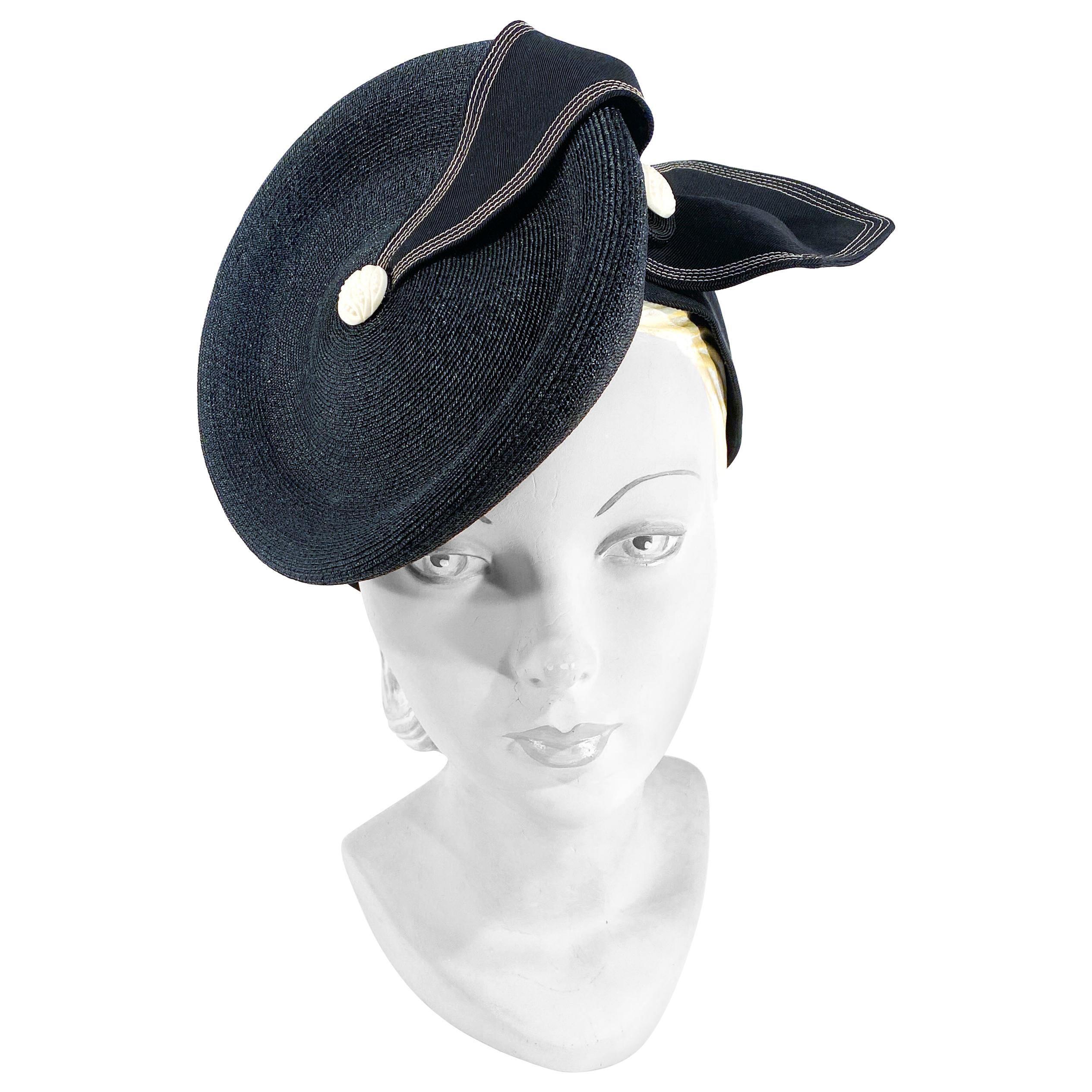 1930s Black Coated Straw Perch Hat with Nautical Theme
