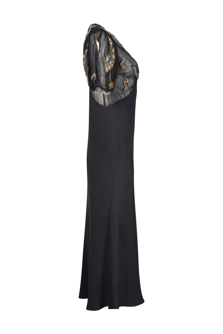 1930s Black Crepe Bias Cut Evening Dress with Embellished Neckline at ...