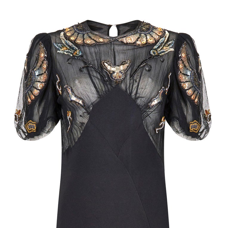 1930s Black Crepe Bias Cut Evening Dress with Embellished Neckline at ...