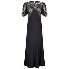 1930s Black Crepe Bias Cut Evening Dress with Embellished Neckline