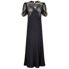 Vintage 1930s Black Crepe Bias Cut Evening Dress with Embellished Neckline 