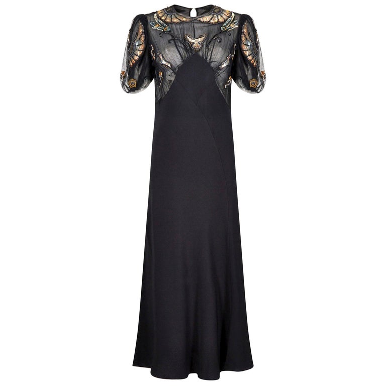 1930s Black Crepe Bias Cut Evening Dress with Embellished Neckline at ...