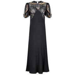 Vintage 1930s Black Crepe Bias Cut Evening Dress with Spectacular Embellished Neckline 