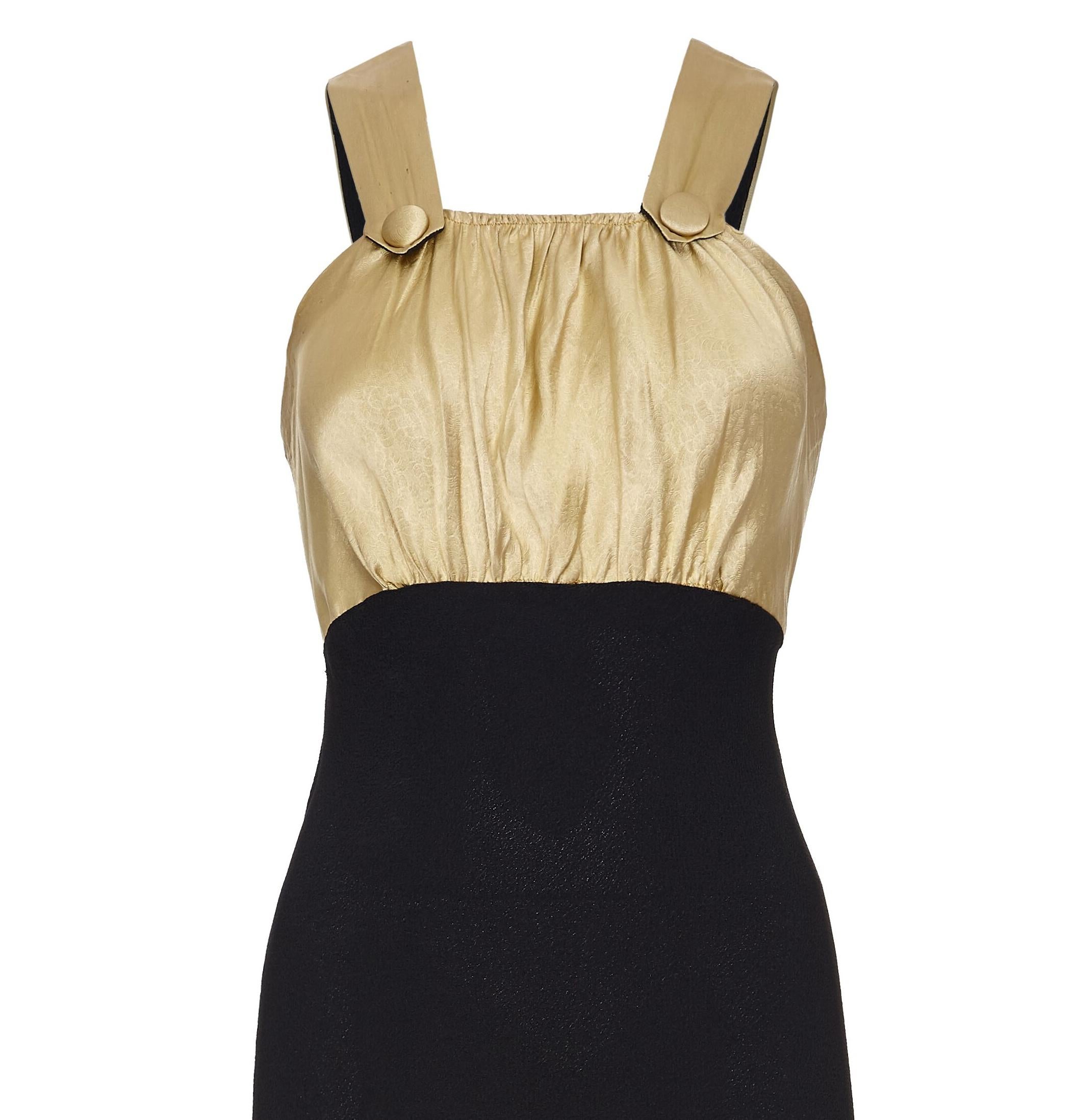 1930s Black Crepe Dress with Embossed Gold Bodice In Excellent Condition For Sale In London, GB