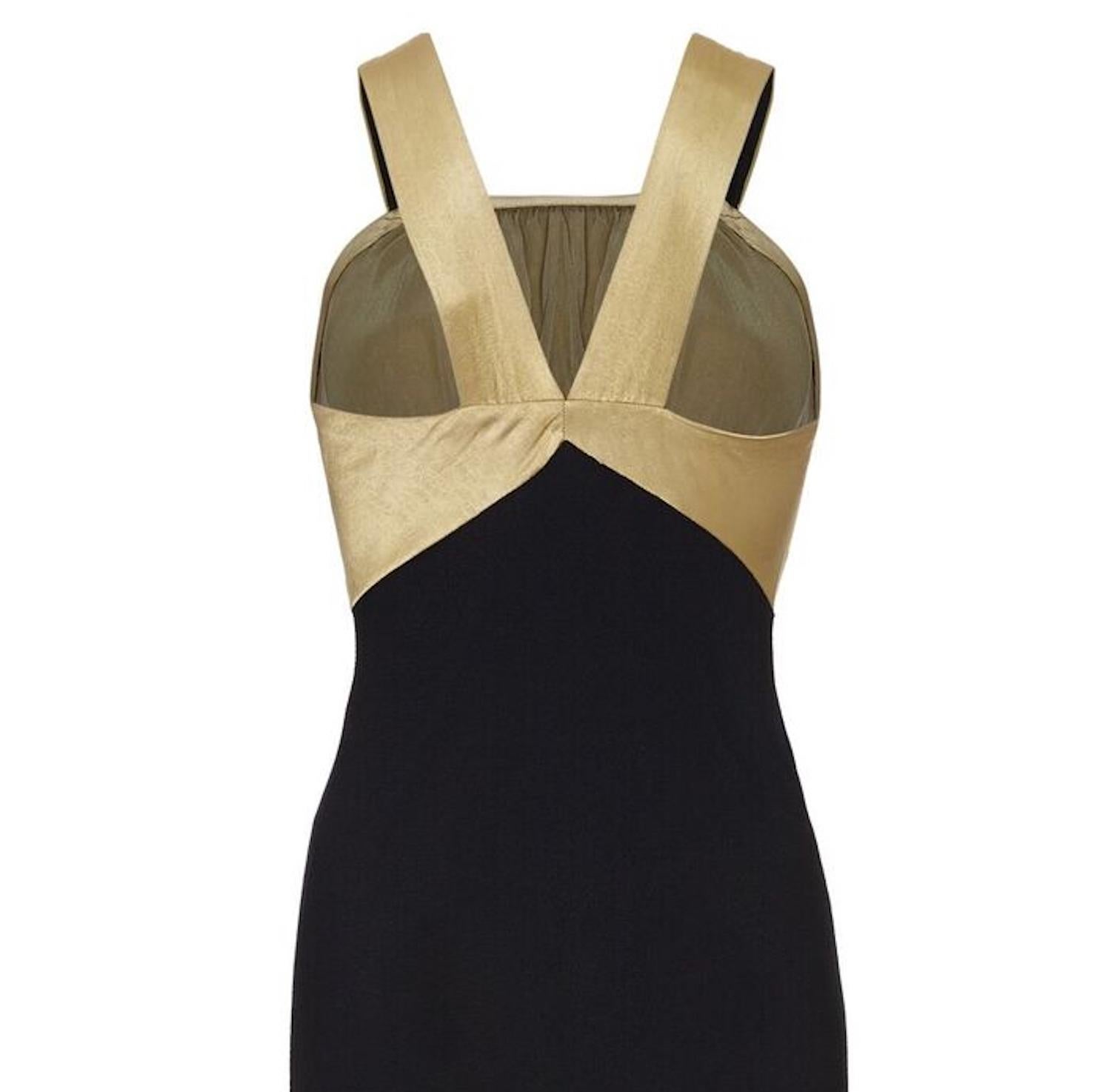 Women's 1930s Black Crepe Dress with Embossed Gold Bodice For Sale