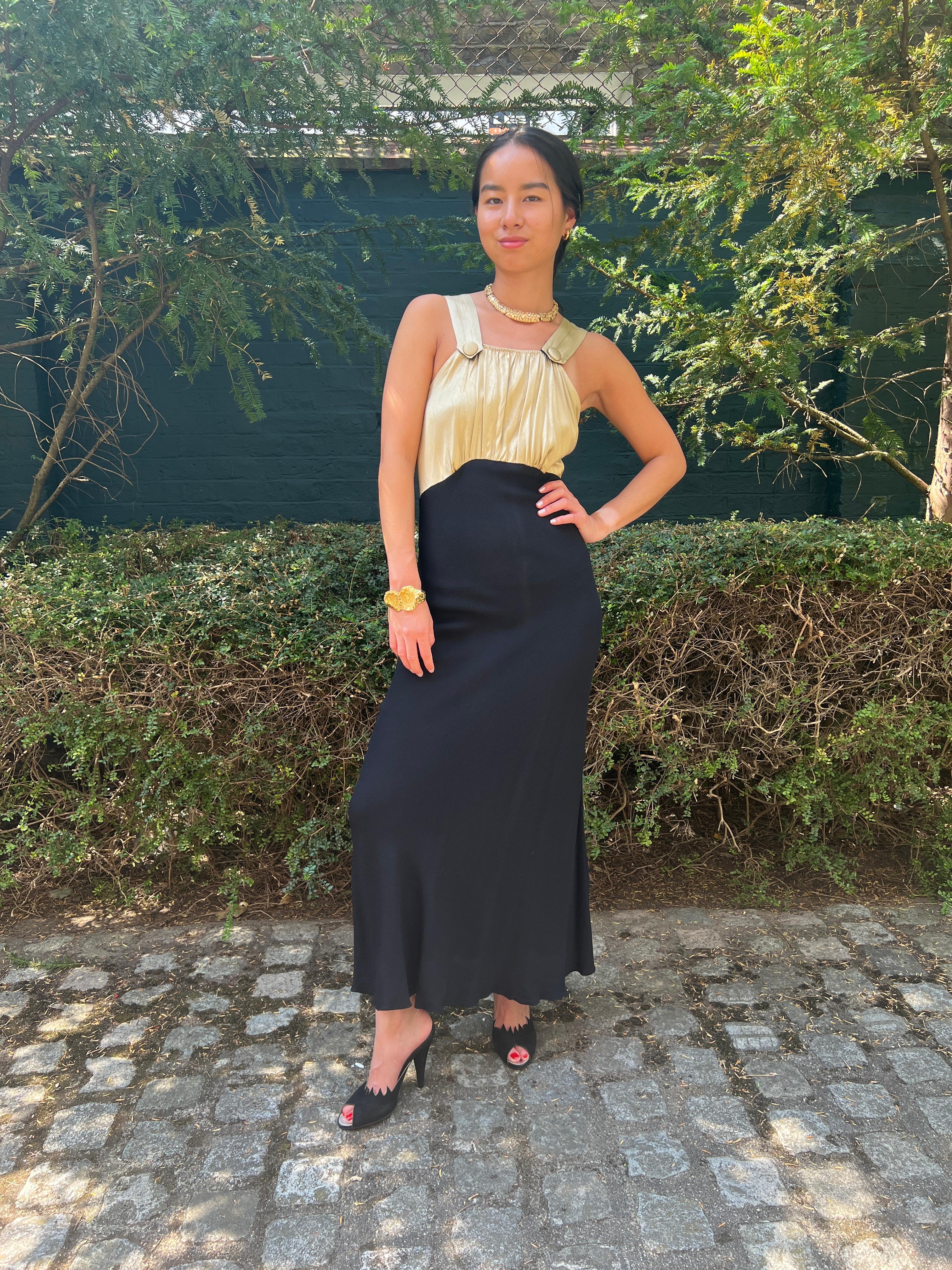 1930s Black Crepe Dress with Embossed Gold Bodice For Sale 3