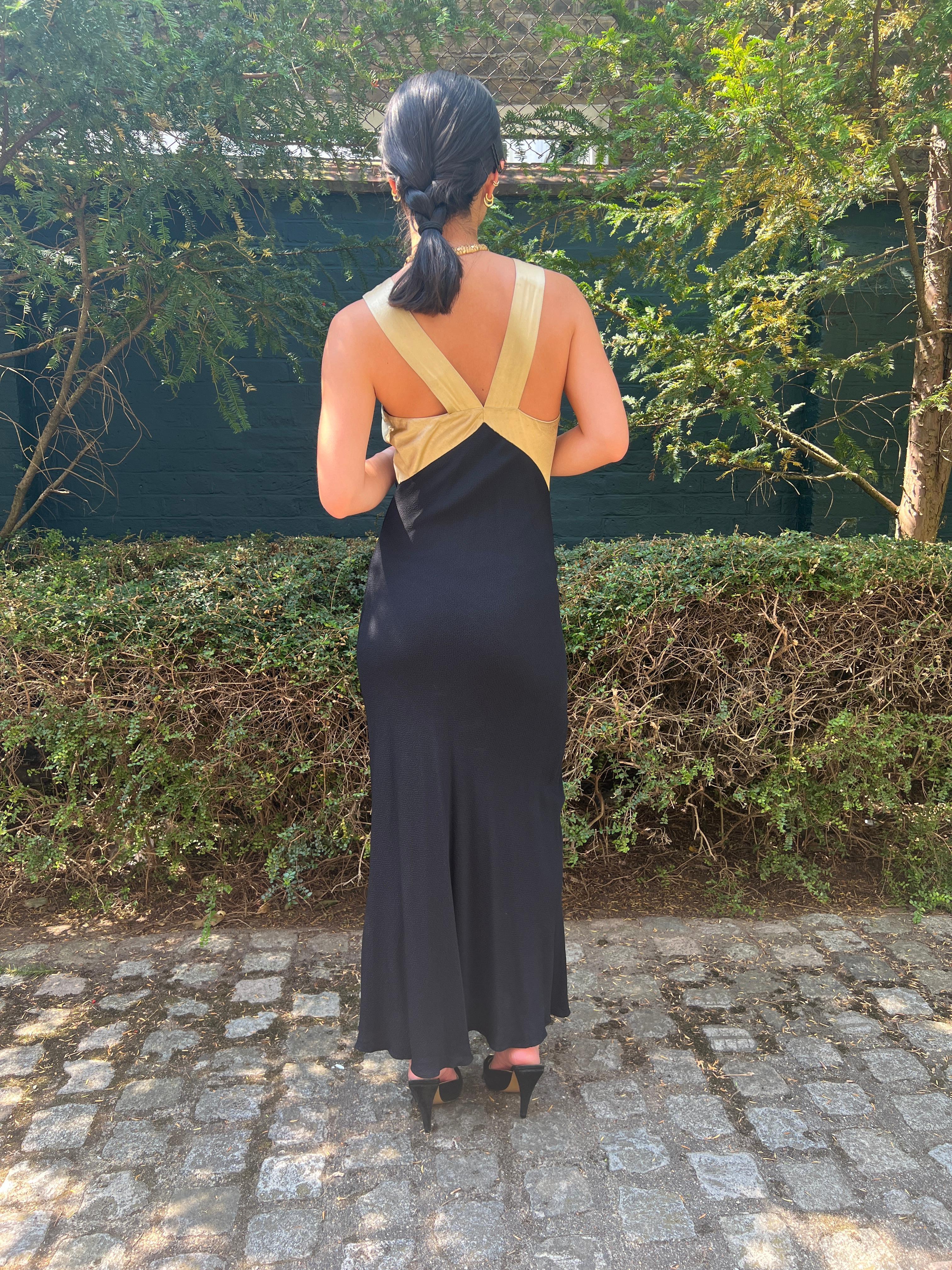 1930s Black Crepe Dress with Embossed Gold Bodice For Sale 4