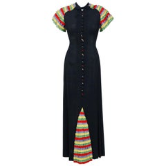 1930
s Black Crepe 
Rainbow Ruffle Silk Tie-Neck Hourglass Full Length Dress