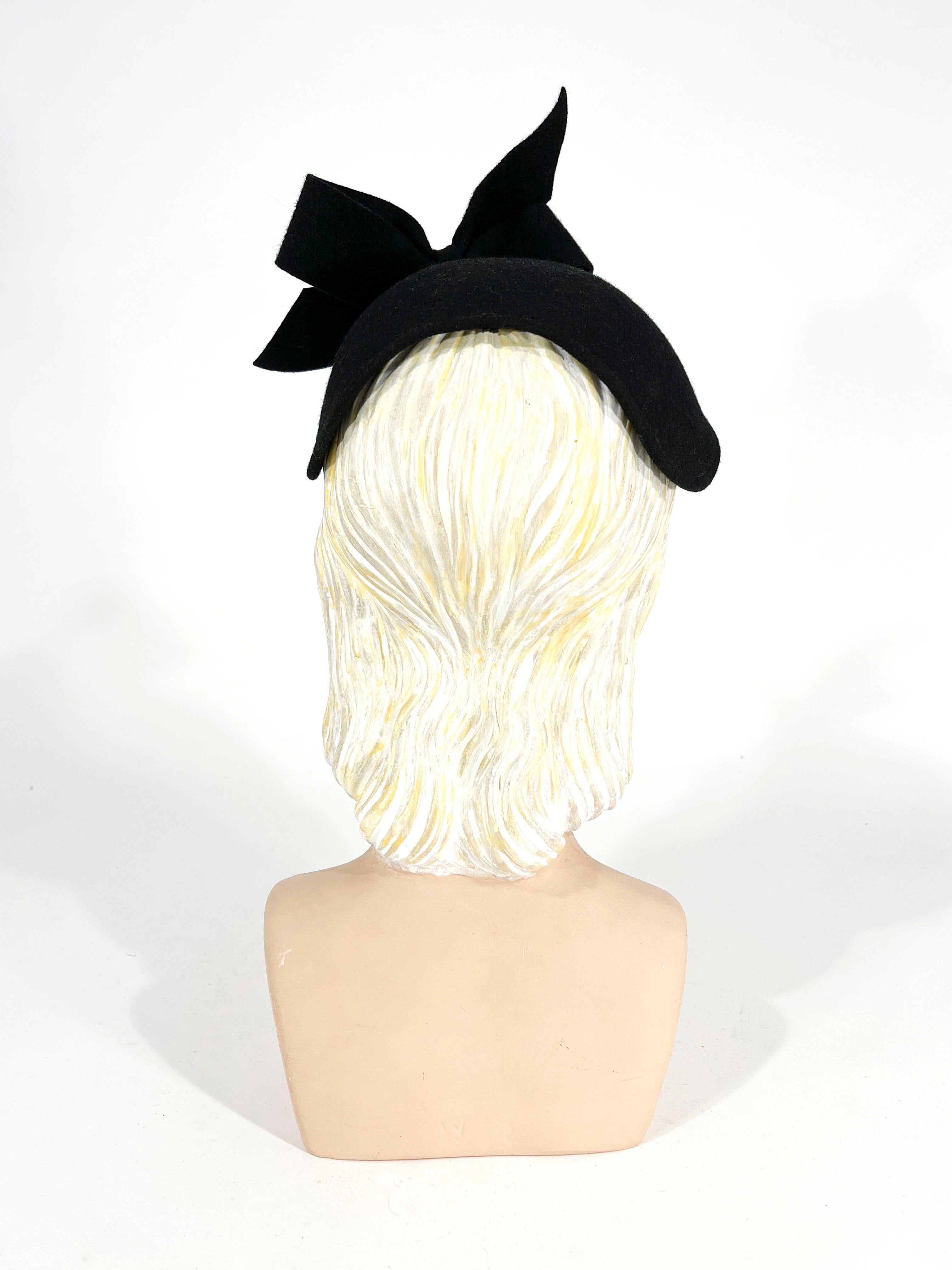 1930s Black Felt Cocktail Hat with Bow 1