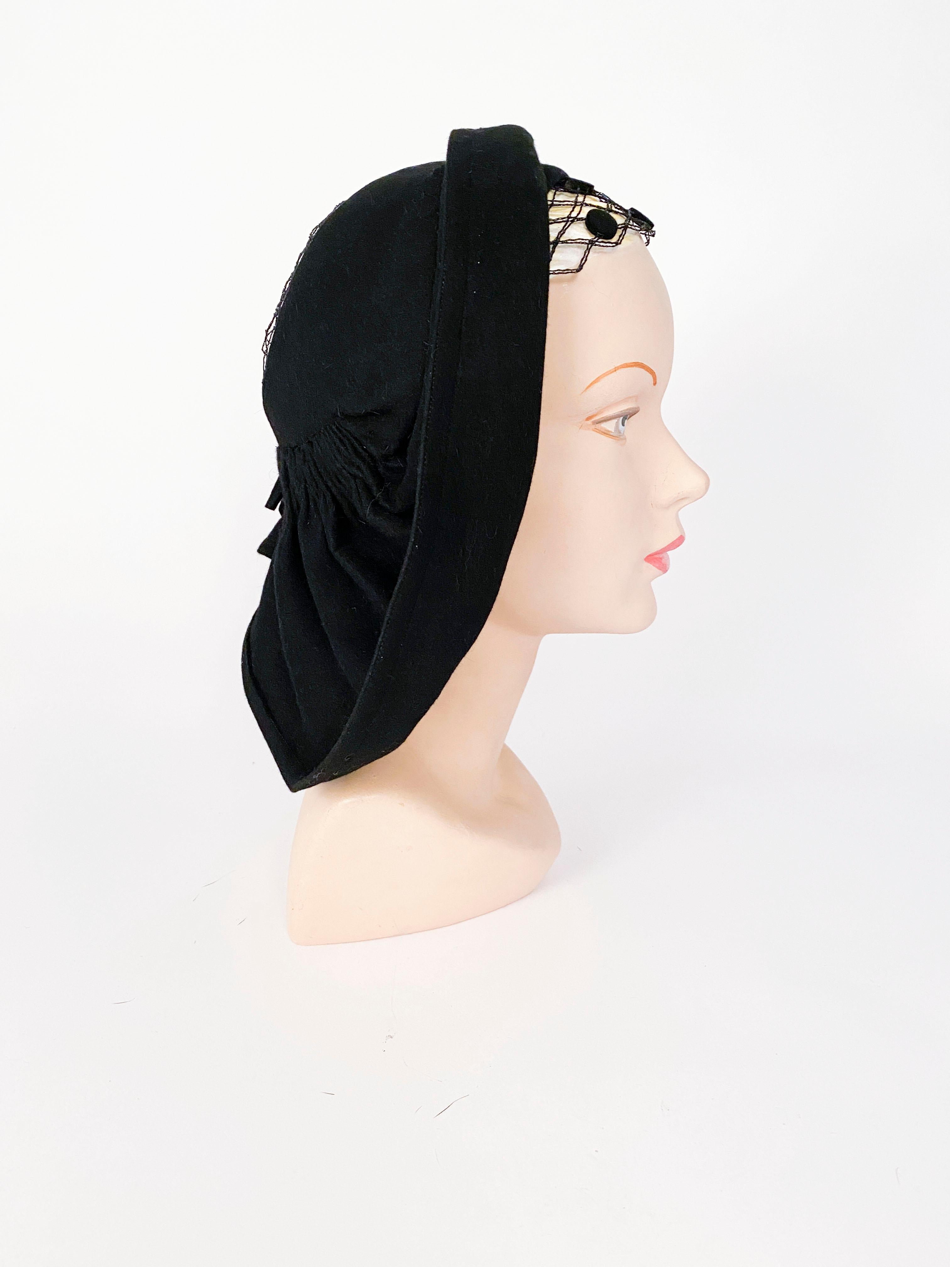 1930s Black Felt Hat with Netting and Back Details In Good Condition In San Francisco, CA