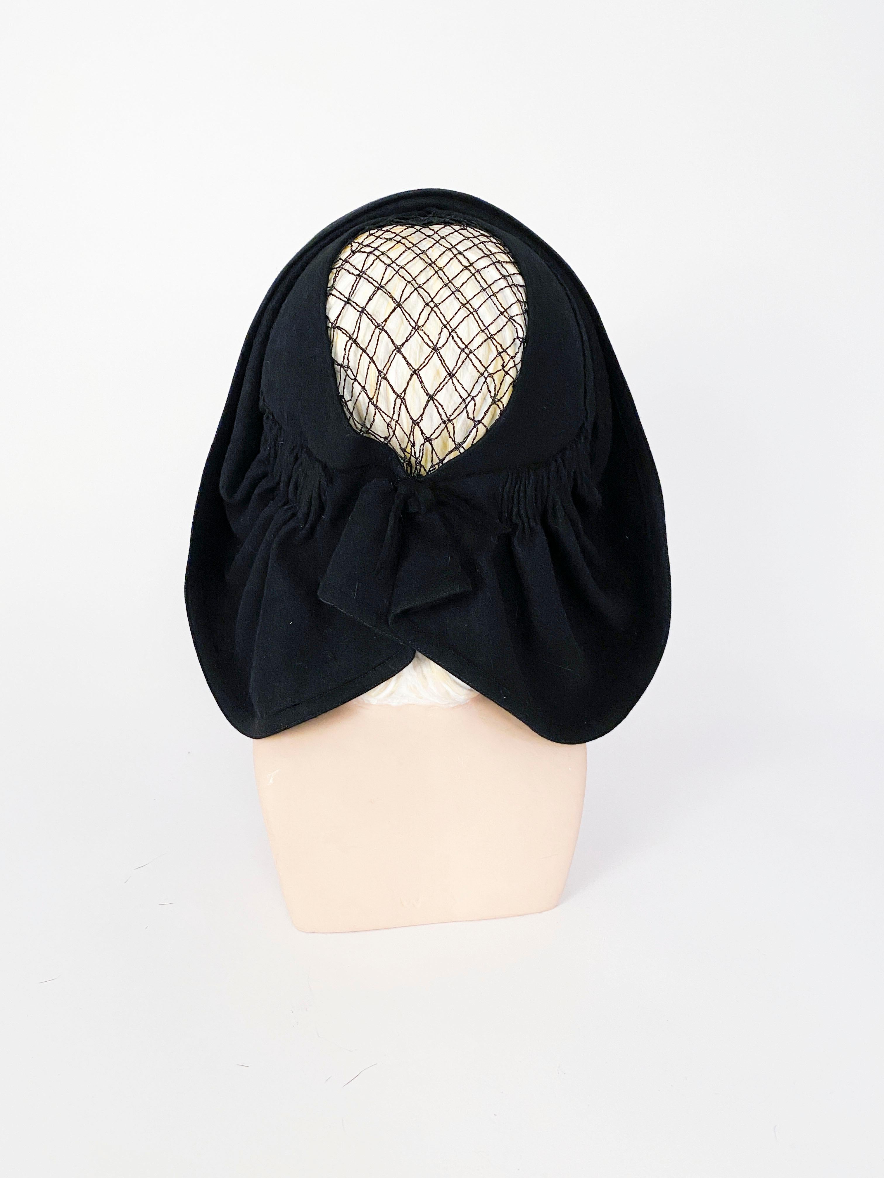 Women's 1930s Black Felt Hat with Netting and Back Details