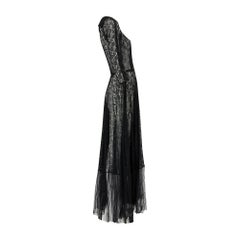 1930s Black Floral Lace Maxi Dress with Deep Mesh Flounce