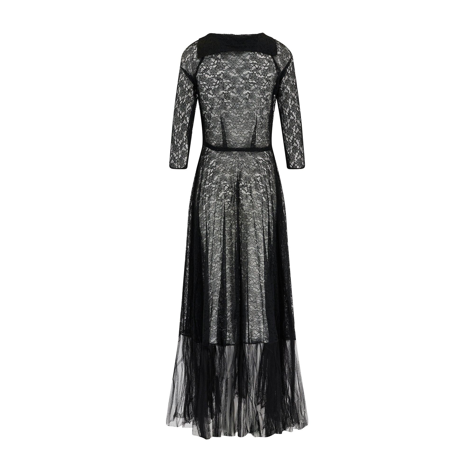 1930s Black Floral Lace Maxi Dress with Deep Mesh Flounce In Excellent Condition For Sale In London, GB