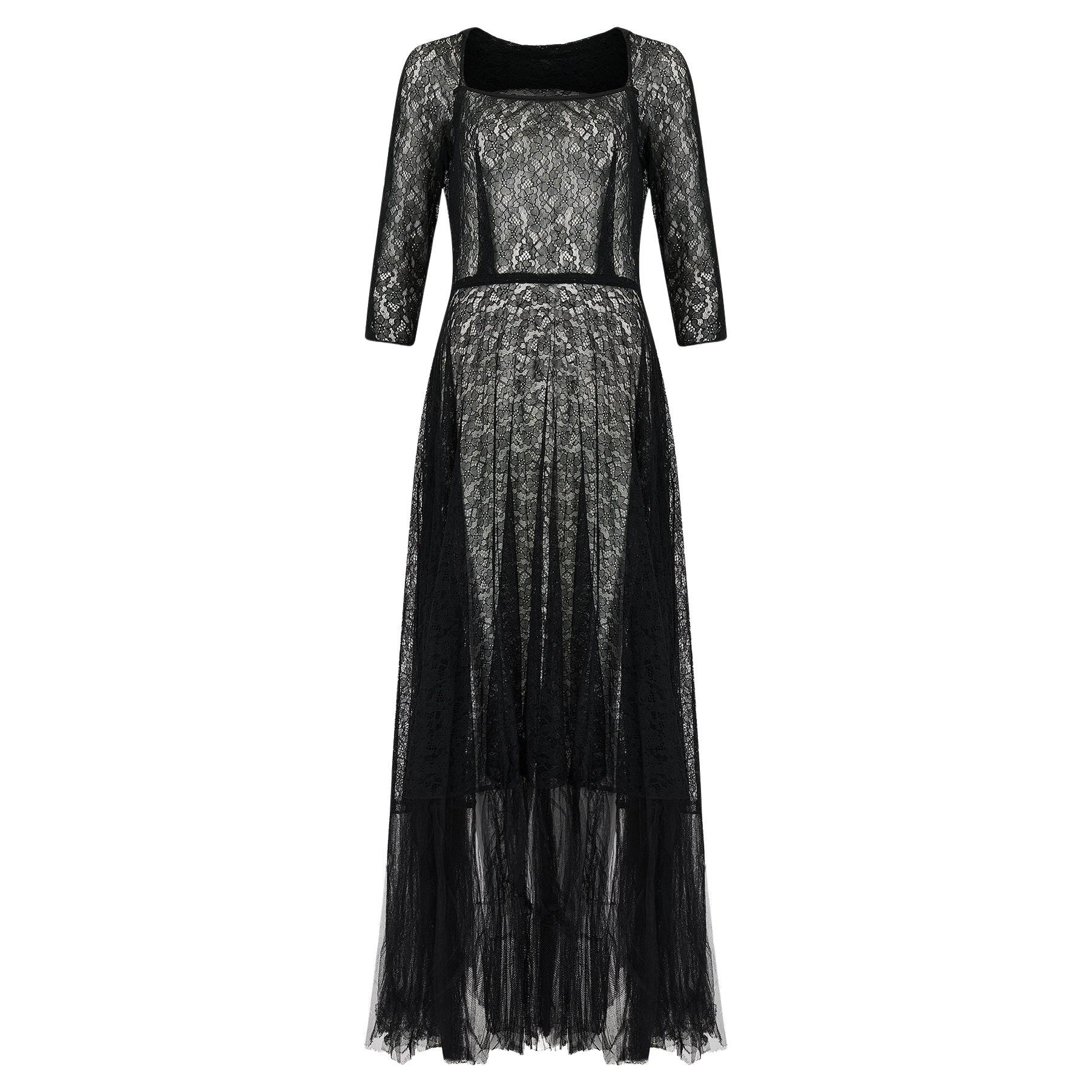 1930s Black Floral Lace Maxi Dress with Deep Mesh Flounce For Sale